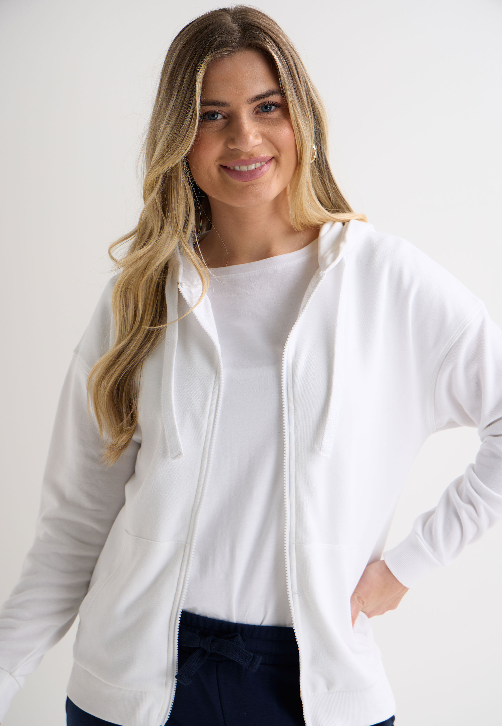 Womens White Plain Zip Through Hoodie
