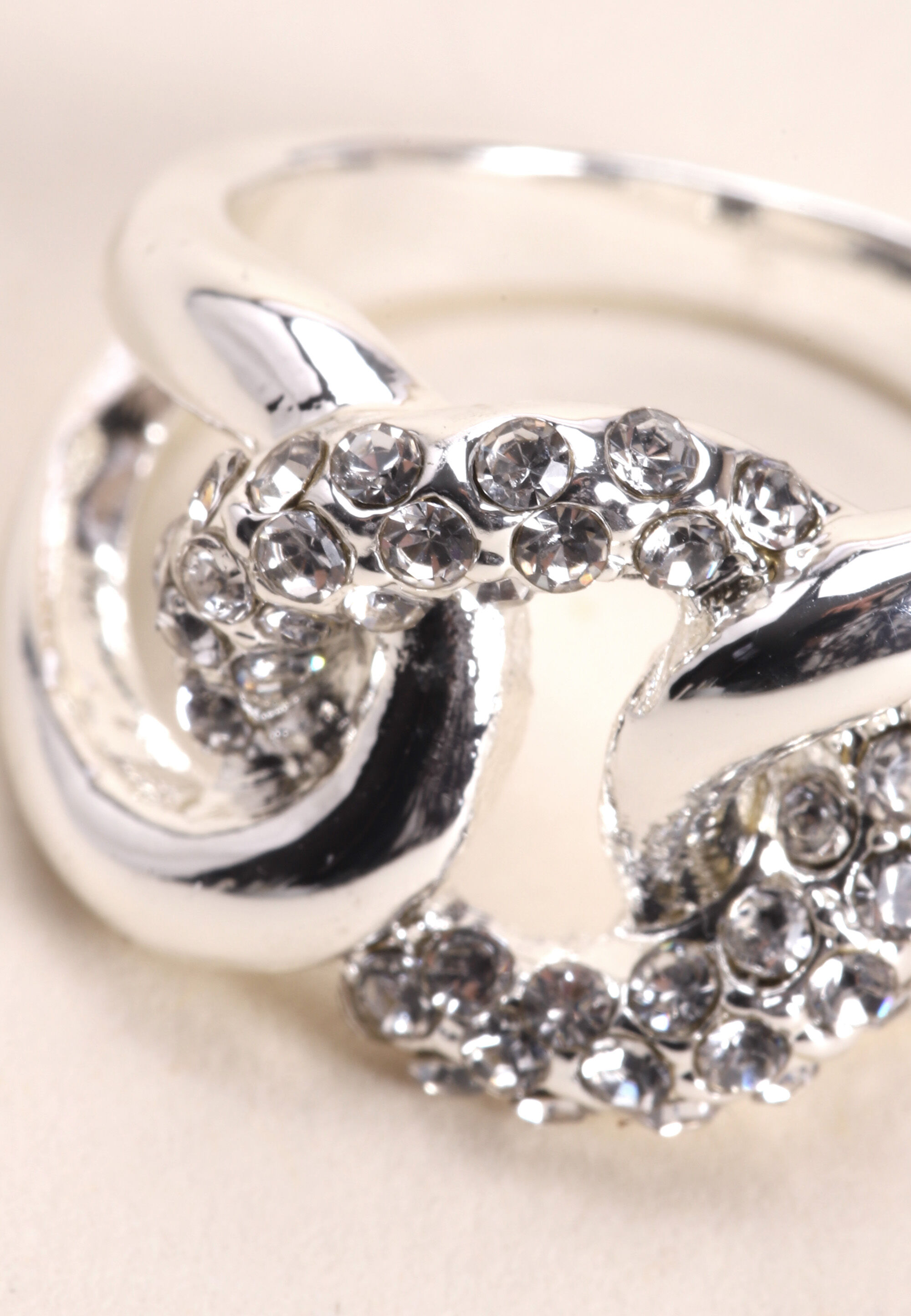 Womens Silver Diamante Loop Chain Ring