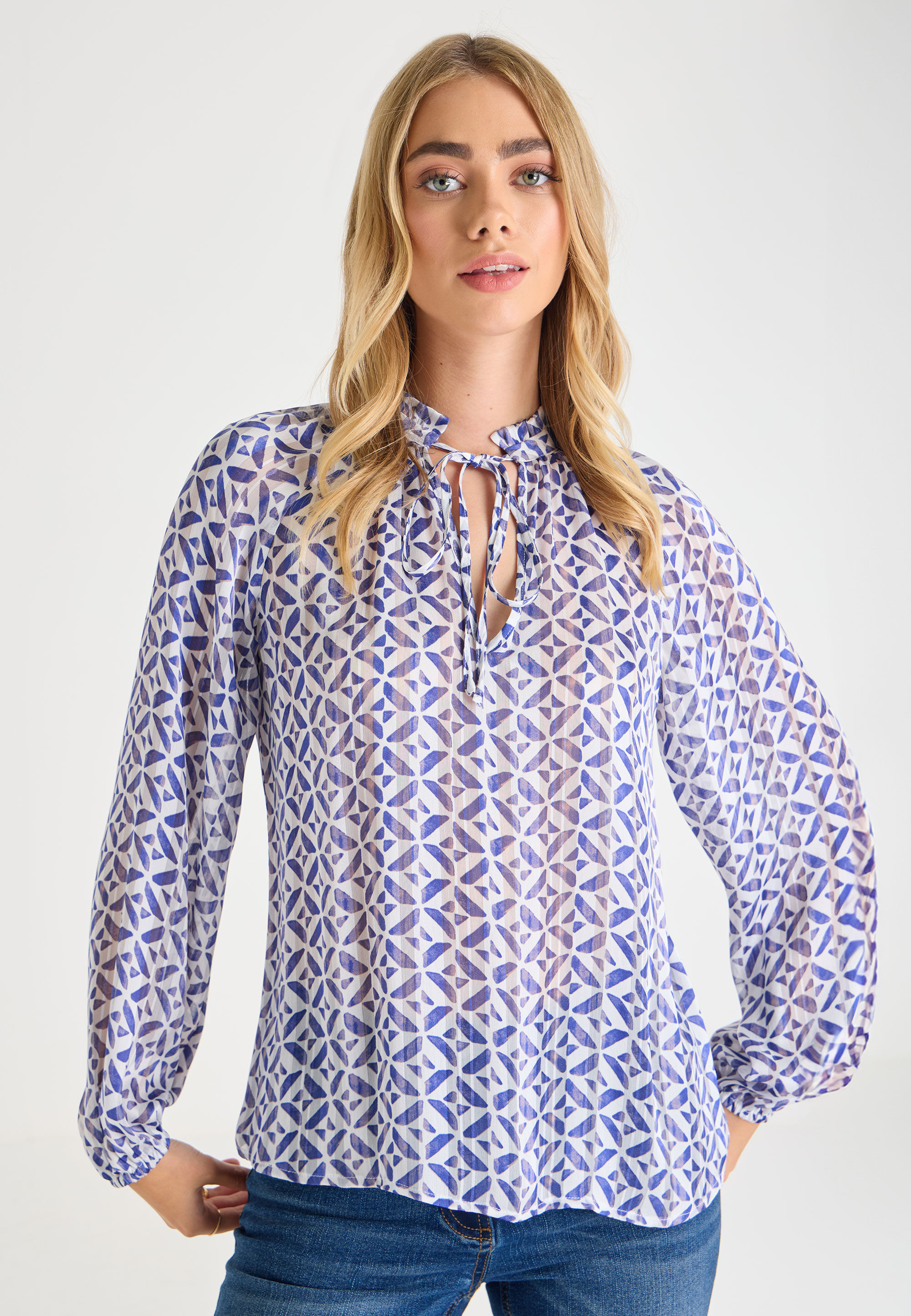 Womens Blue Tile Tie Neck Blouse