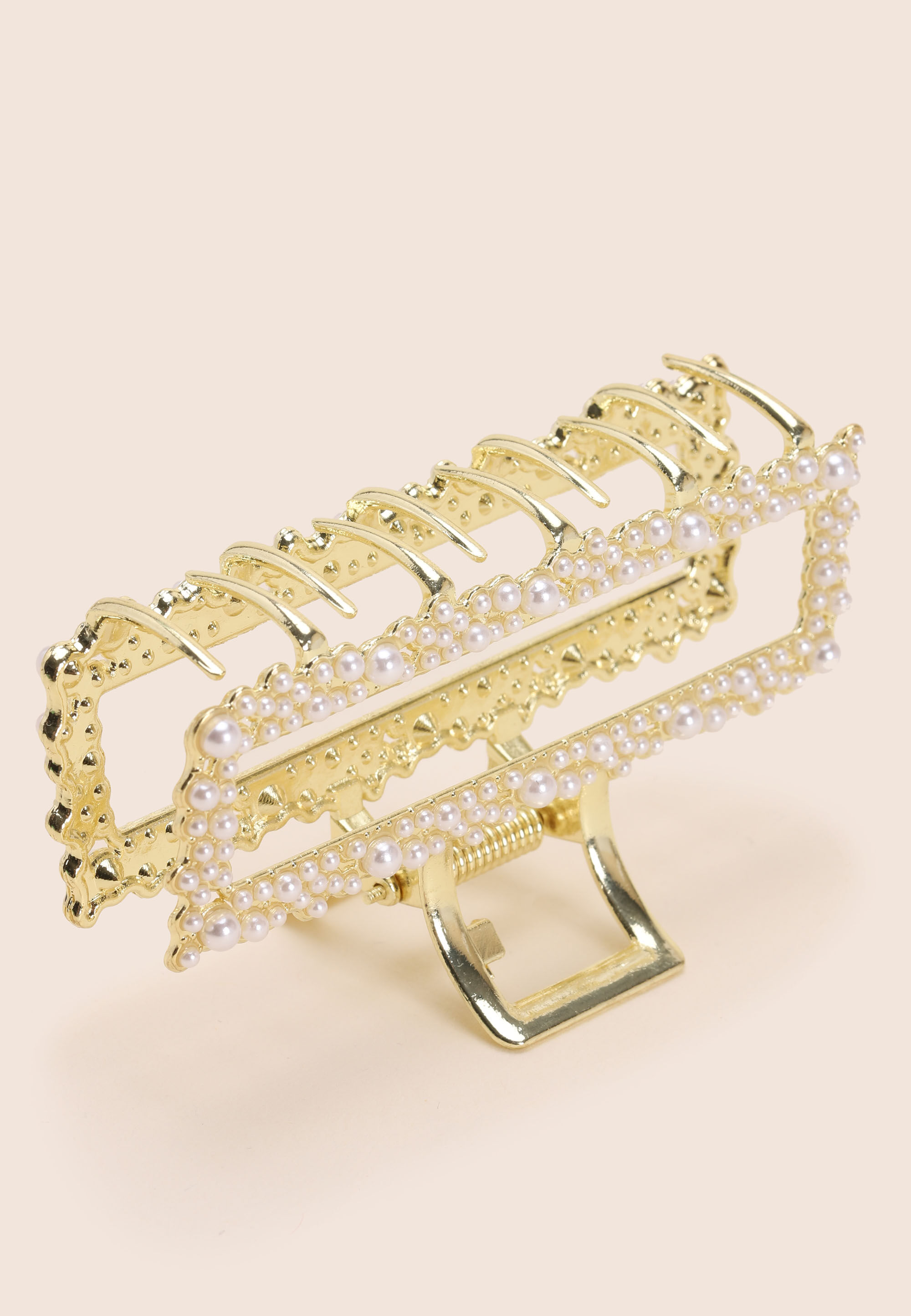 Womens Gold & Pearl Rectangle Claw Hair Clip