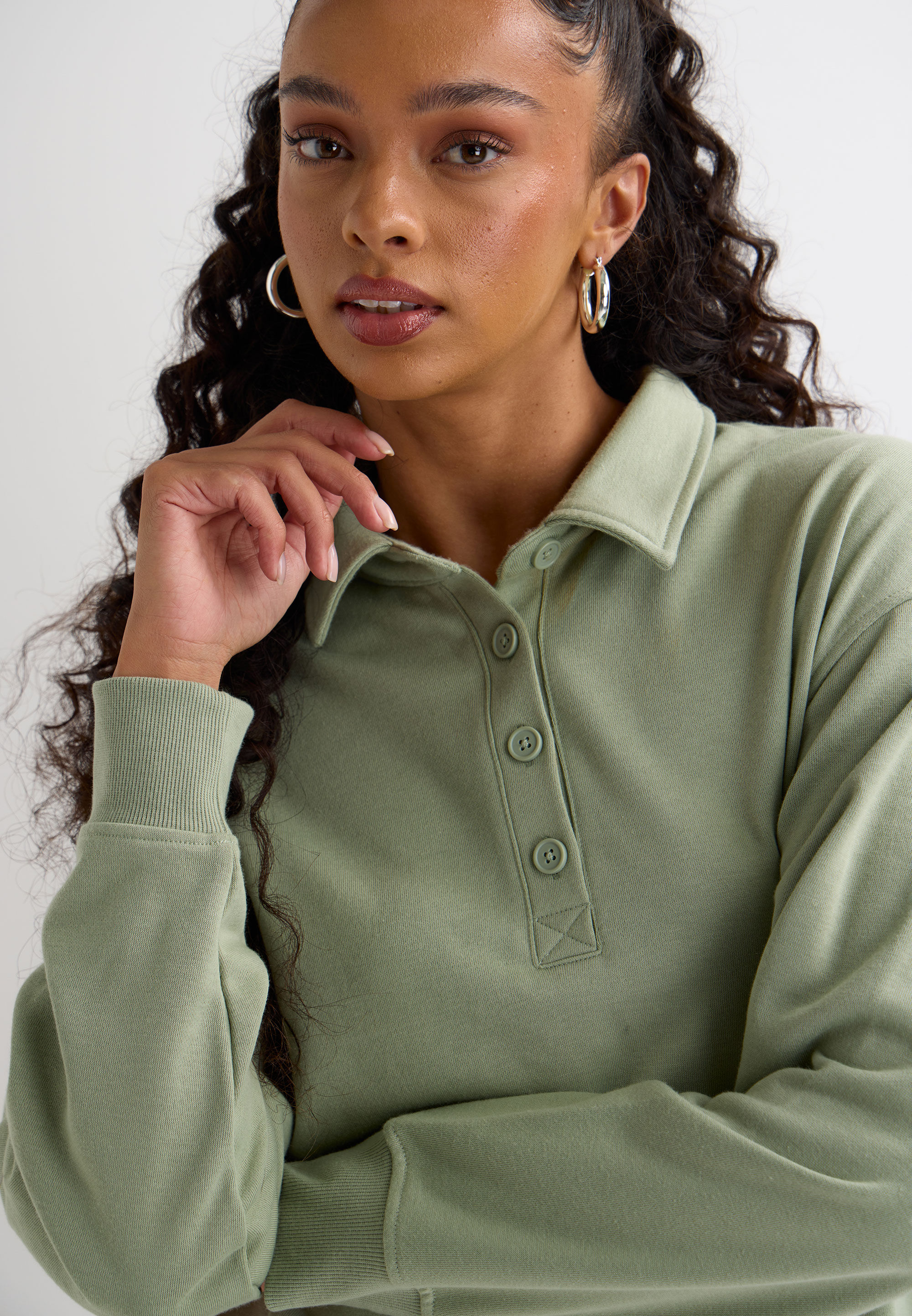 Womens Sage Button Front Sweatshirt Top