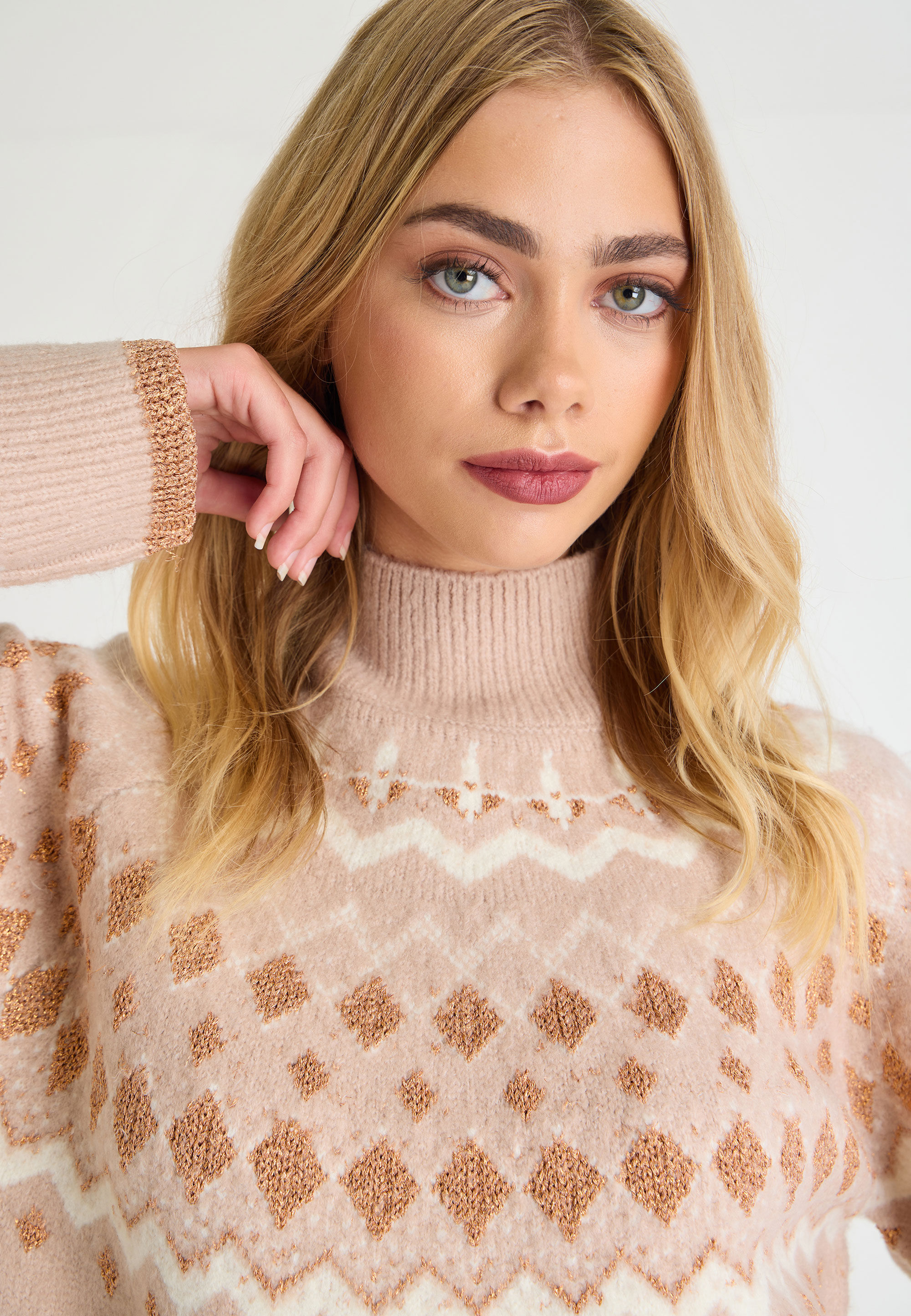 Womens Stone Fair Isle Lurex High Neck Jumper