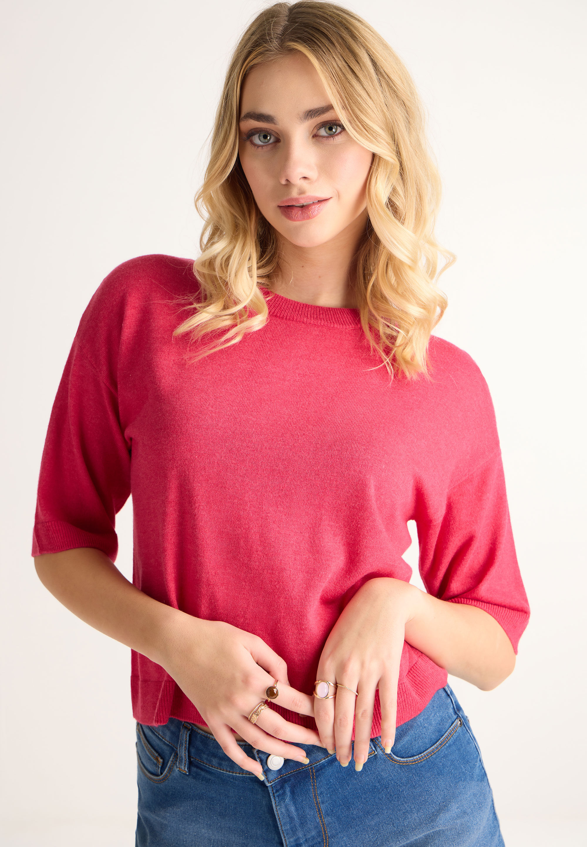 Womens Red 3/4 Sleeve Jumper T-shirt