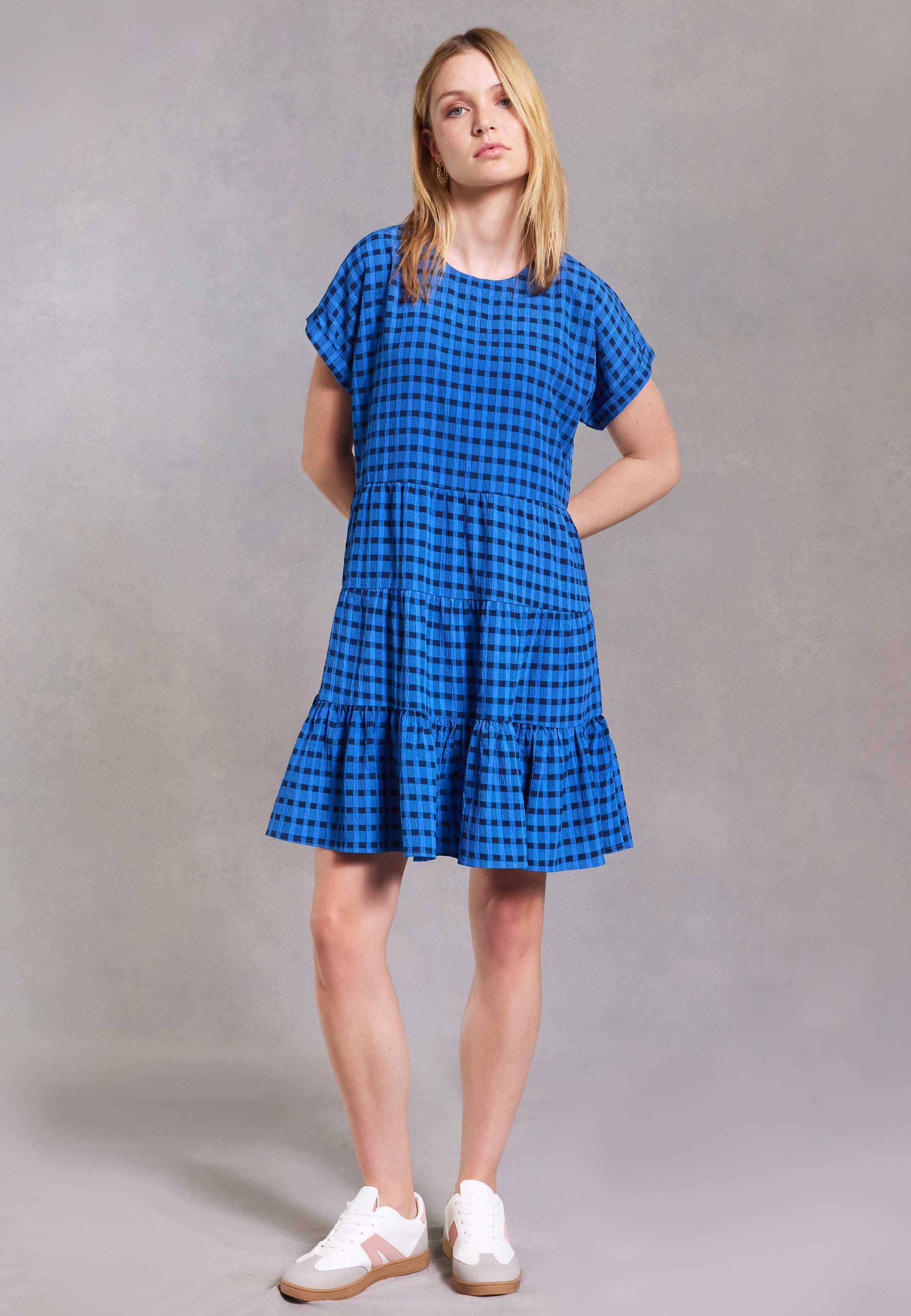 Womens Blue Gingham Check Short Sleeve Dress