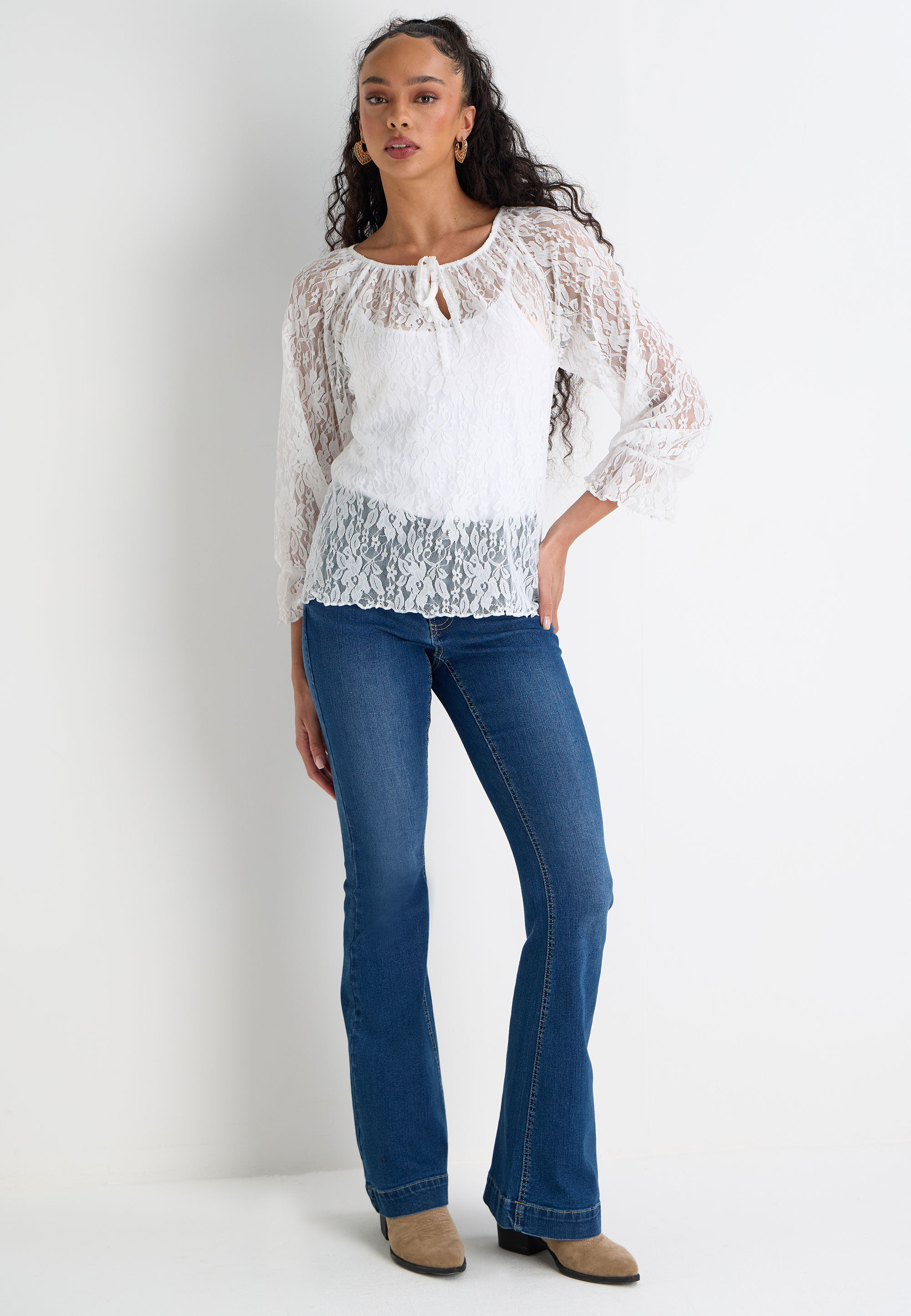 Womens White Lace Tie Neck Top