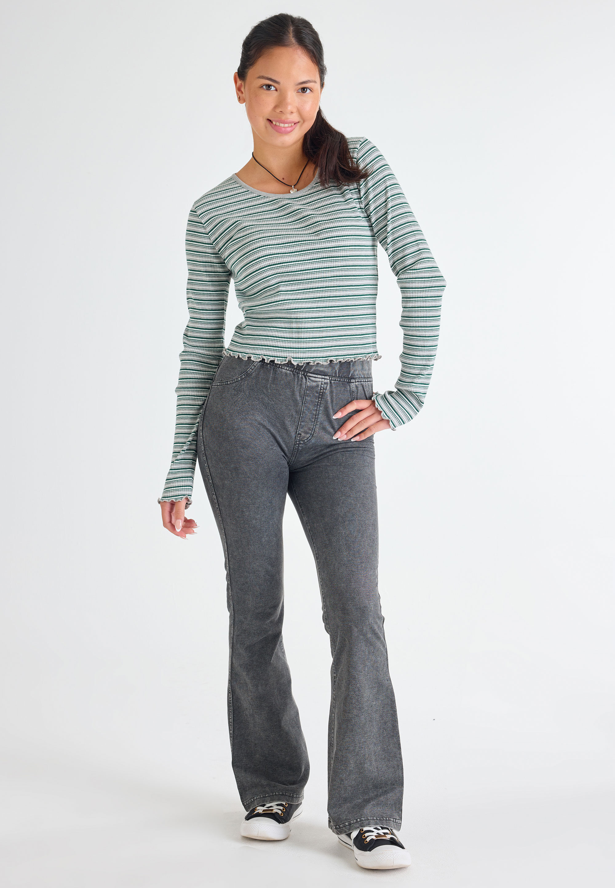 Older Girls Green Stripe Long Sleeve Top