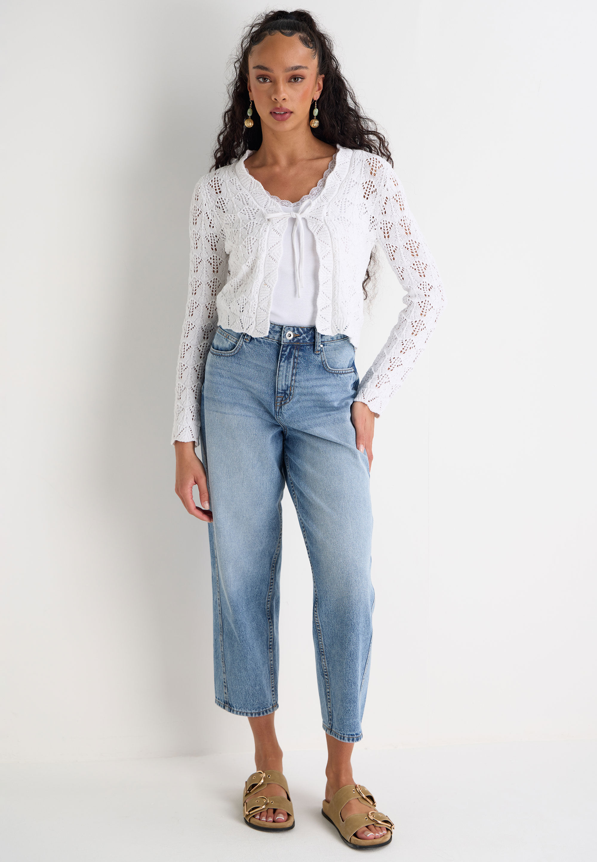 Womens White Crochet Tie Front Cardigan