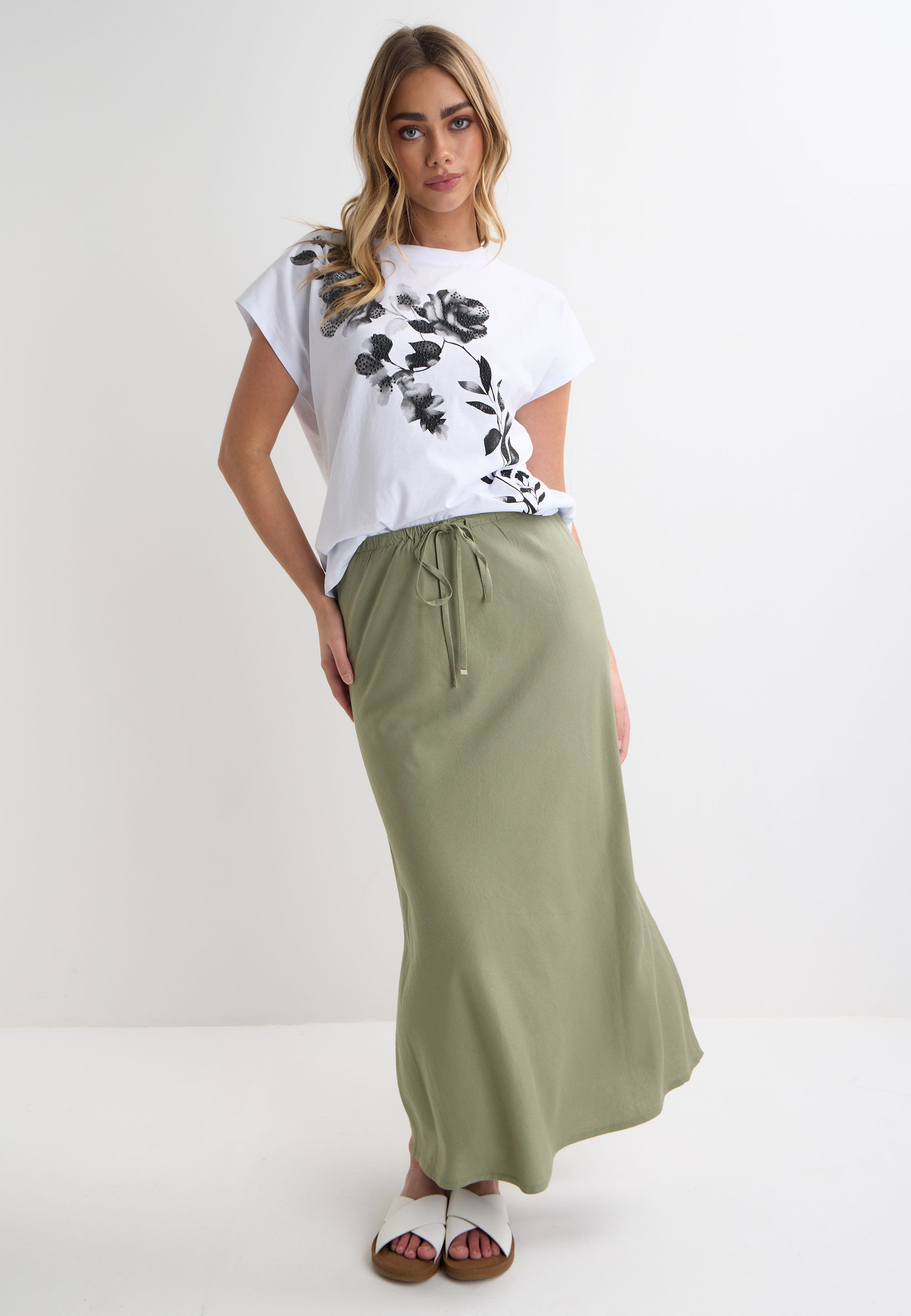 Womens Khaki Plain Linen Midi Skirt