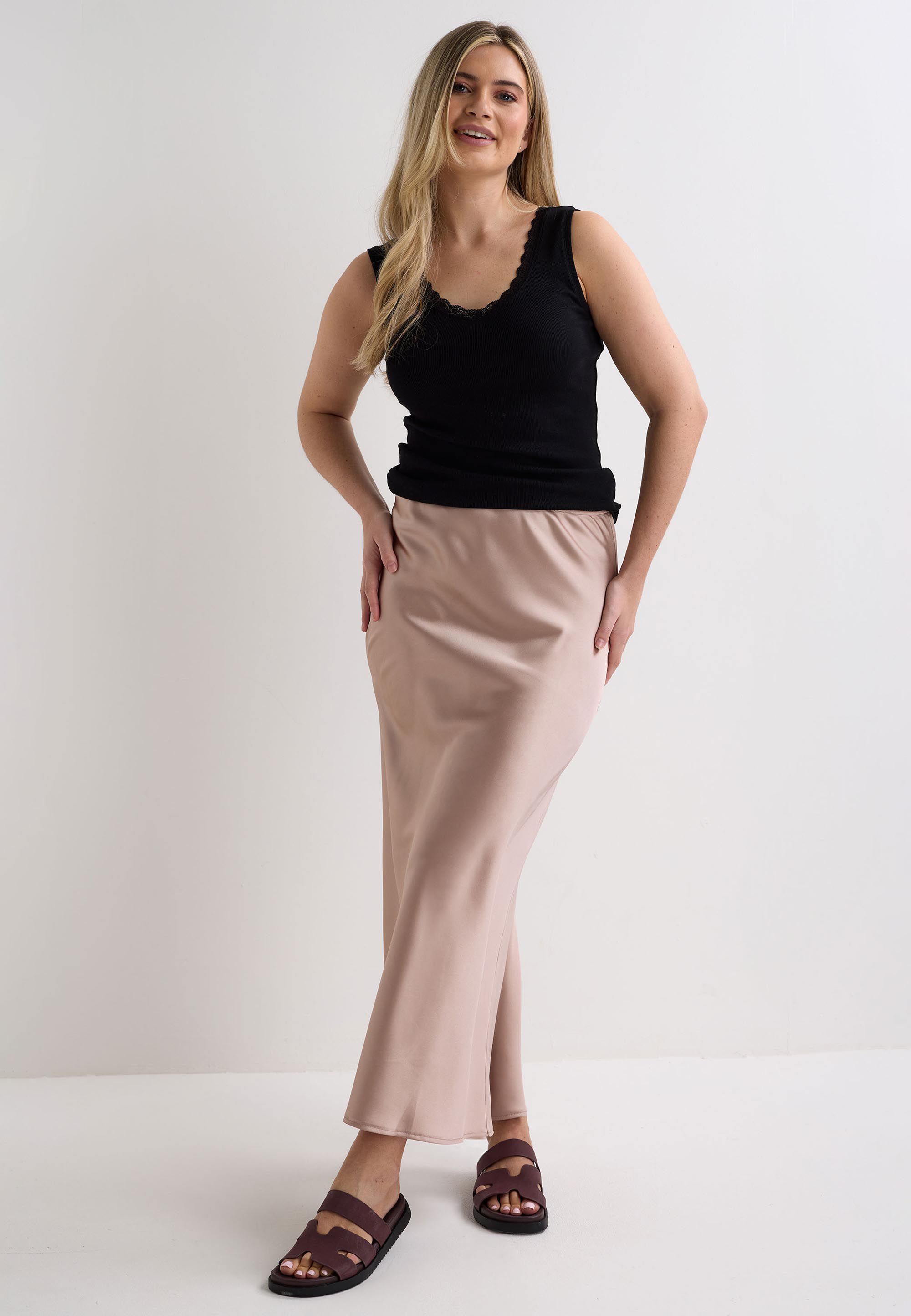 Womens Pink Satin Midi Slip Skirt