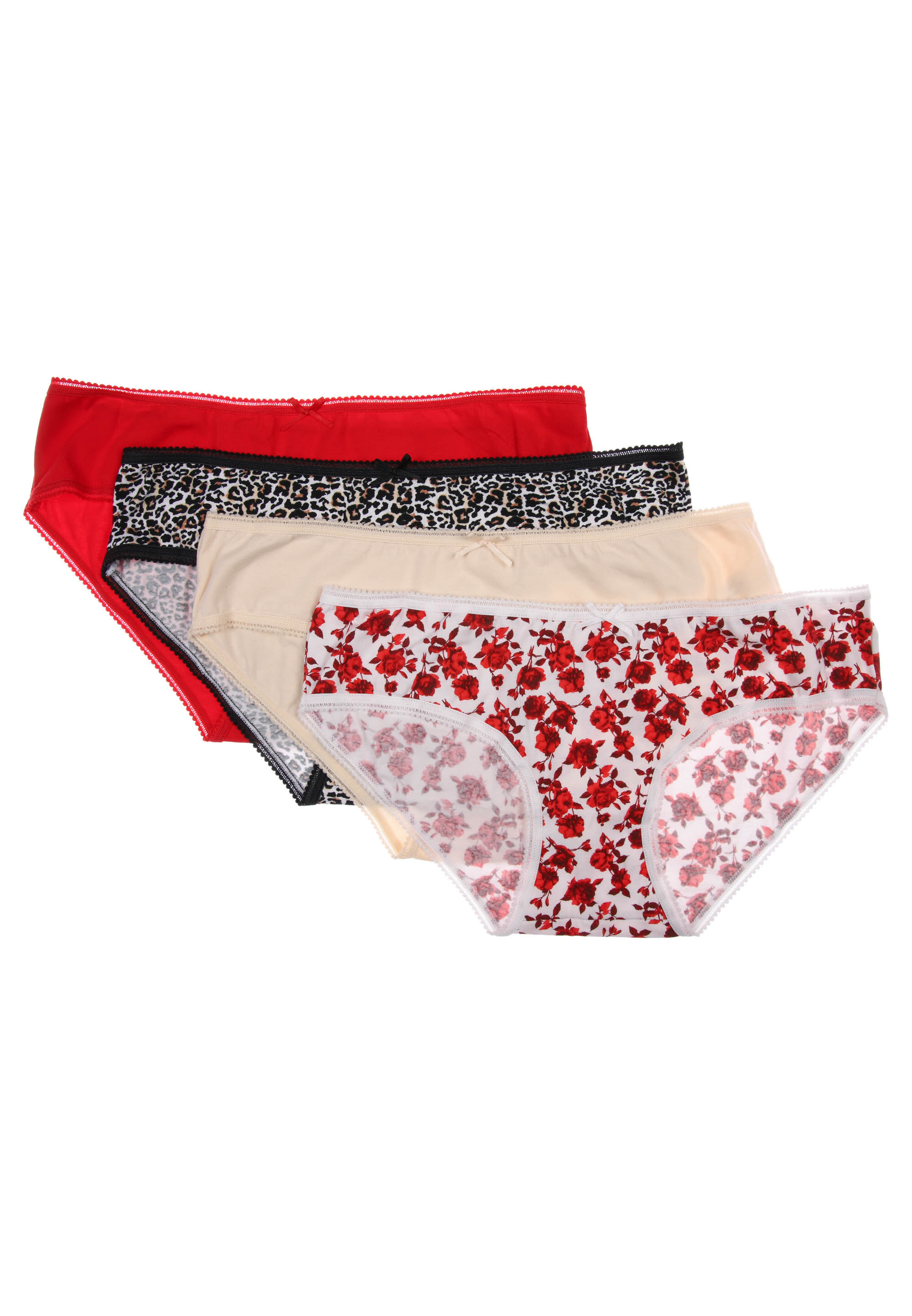 Womens 4pk Red Floral & Leopard Print Half Briefs