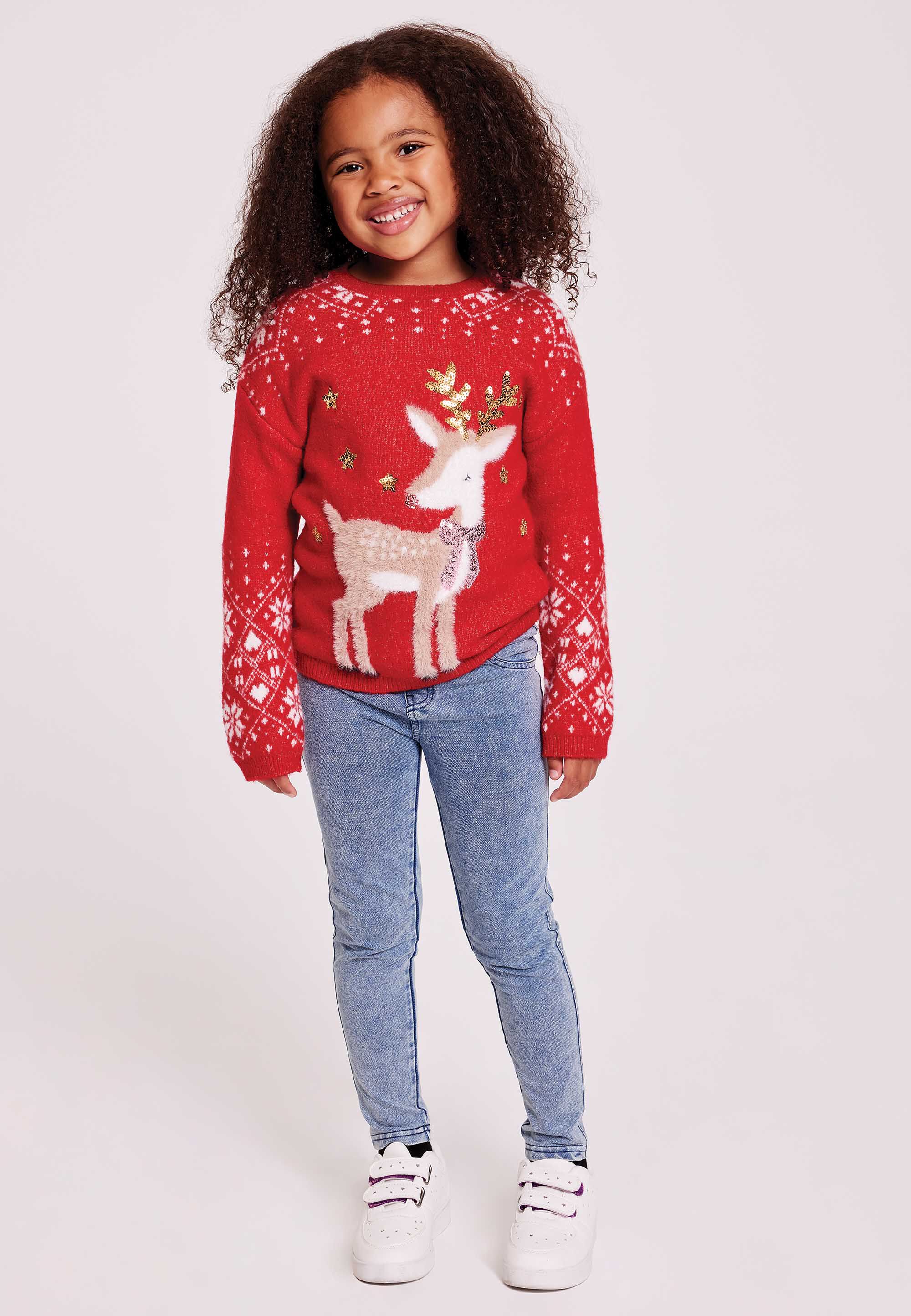 Younger Girls Red Reindeer Christmas Family Jumper