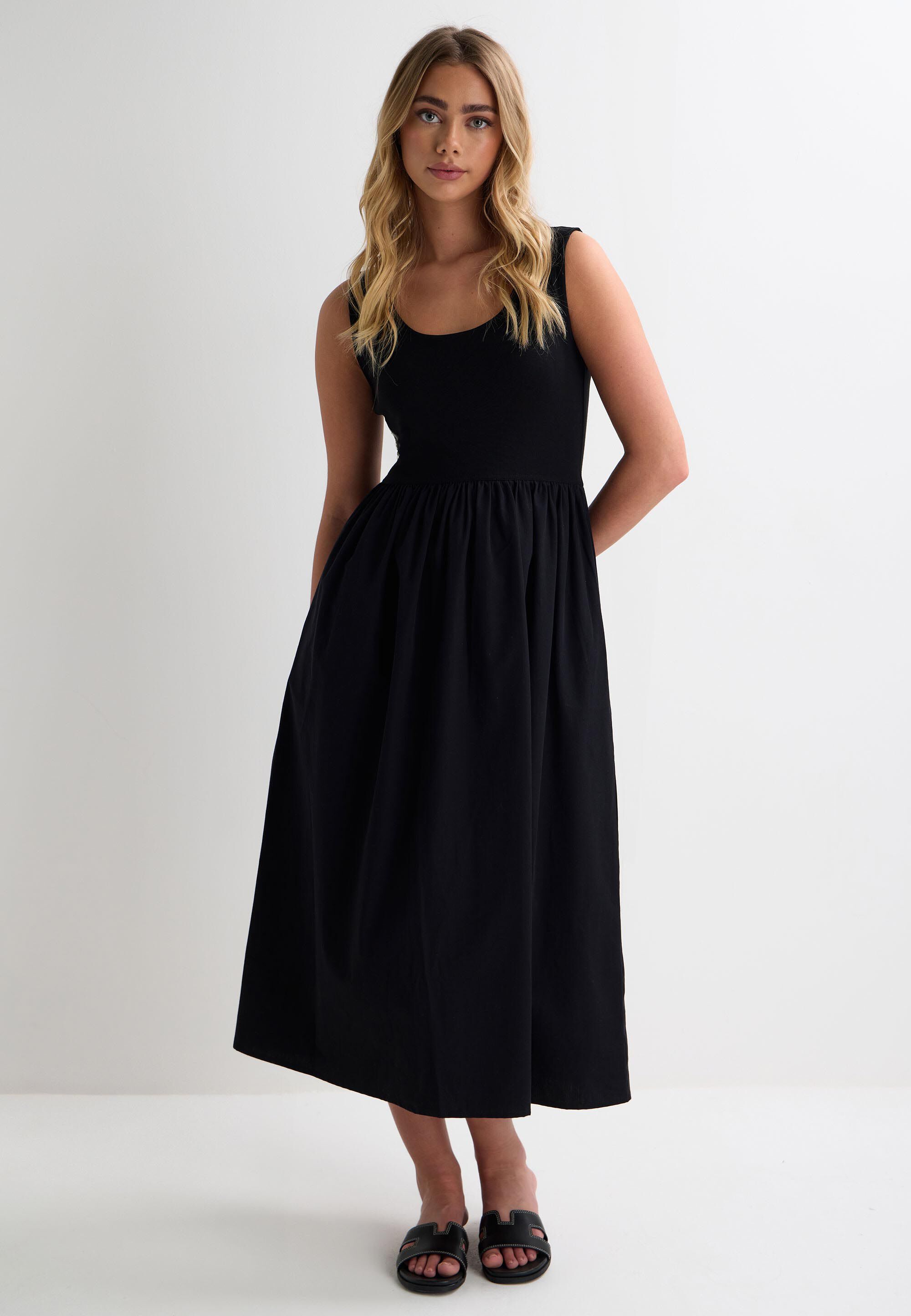 Womens Black Plain 2 in 1 Midi Dress