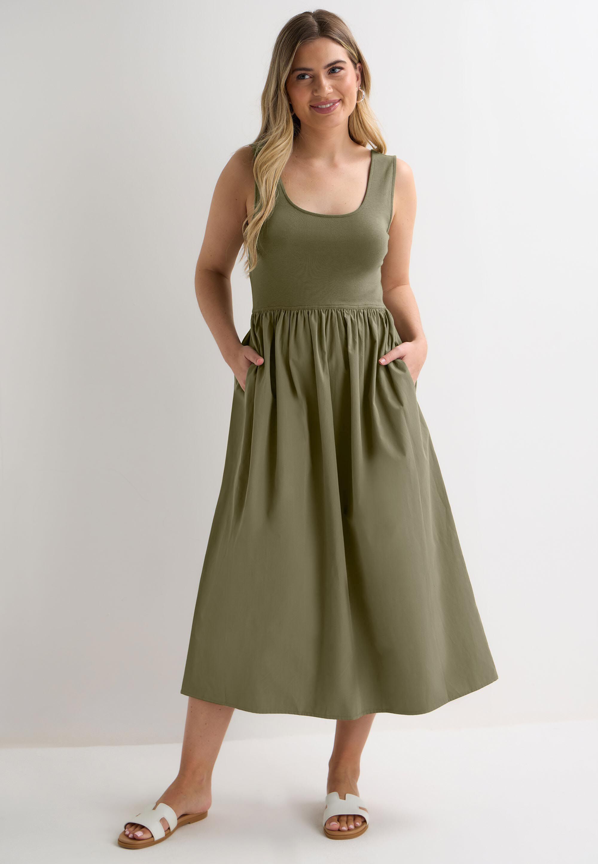 Womens Khaki Plain 2 in 1 Midi Dress