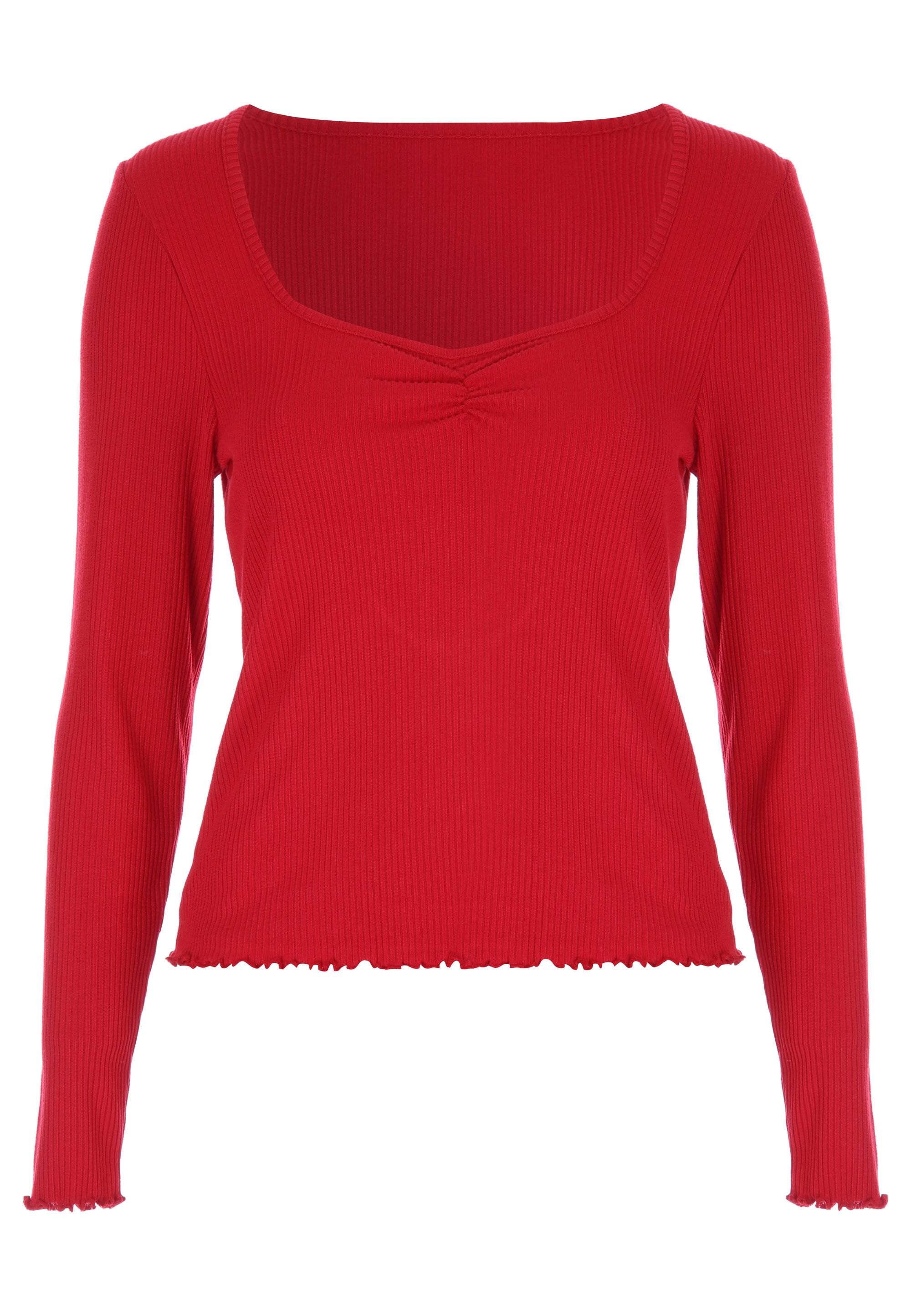 Womens Red Ribbed Long Sleeve Pyjama Top