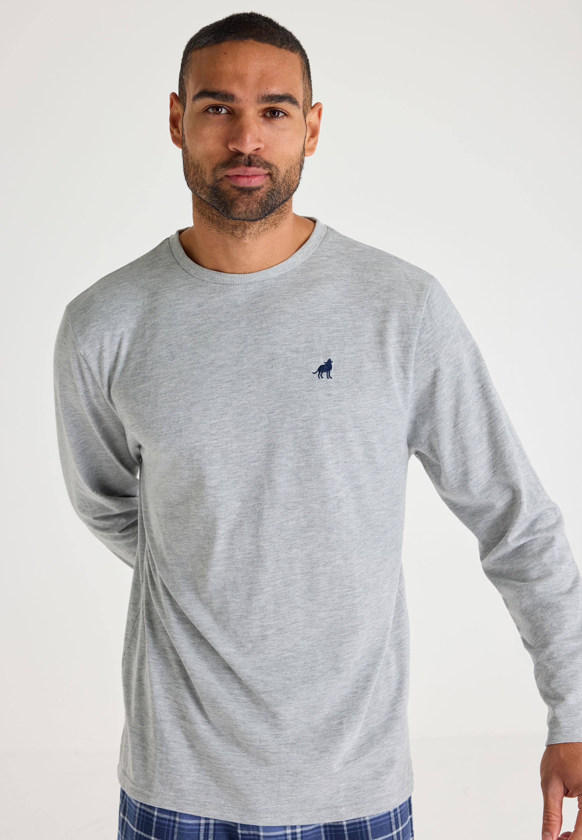 Mens Grey & Navy Check Woven Jersey Pyjama Set