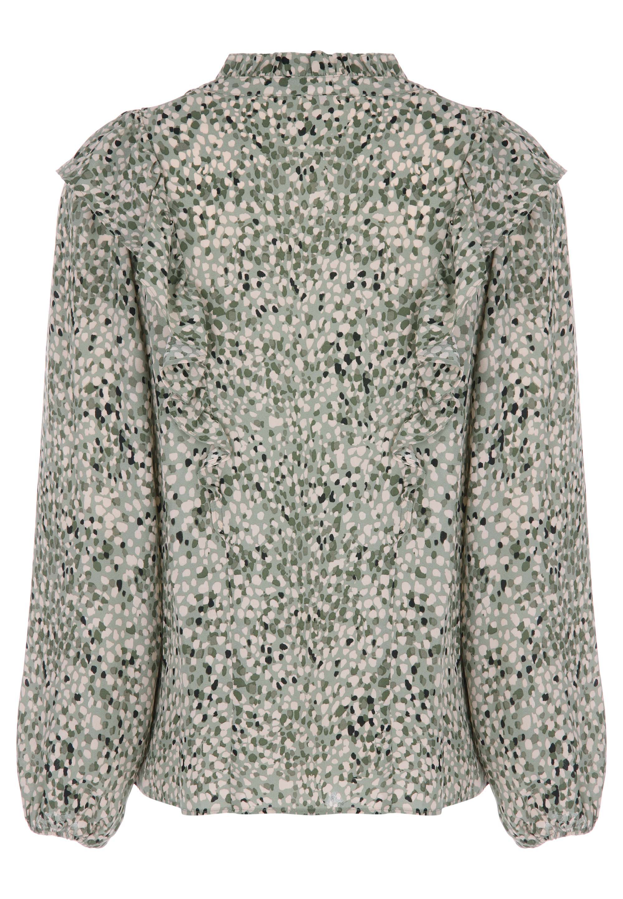 Womens Green Print V-Neck Ruffle Blouse