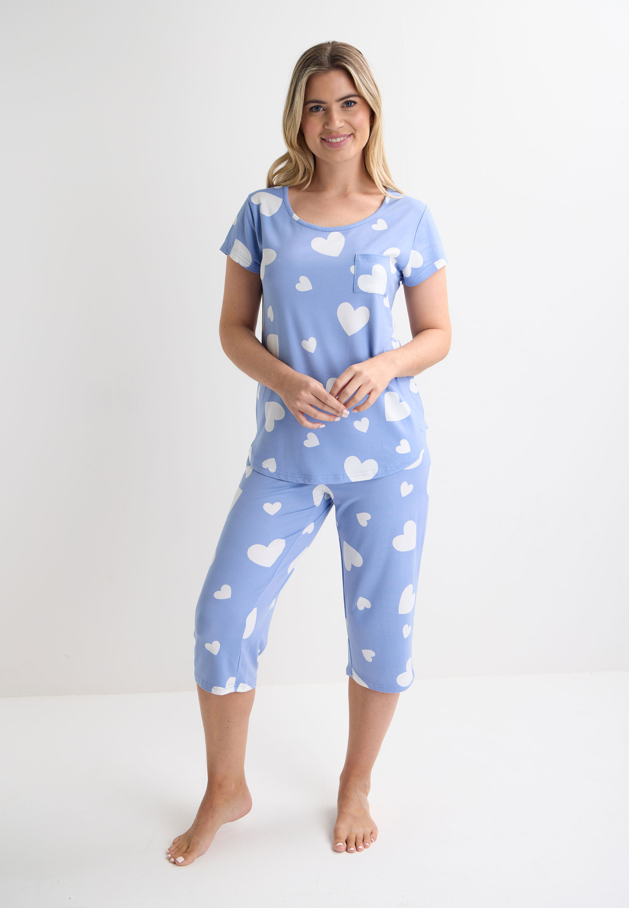 Womens Blue & White Heart Soft Touch Pyjama Set