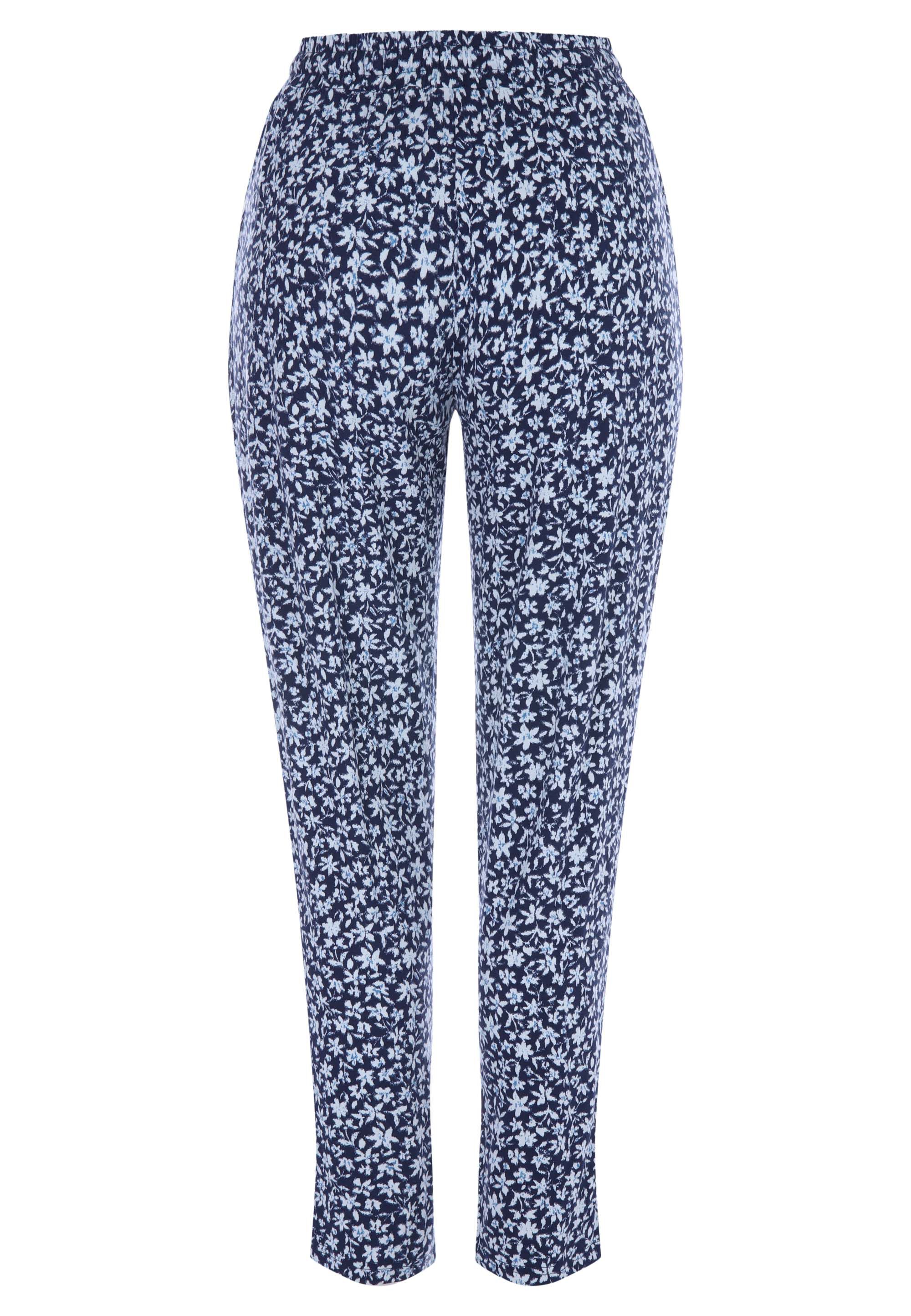 Womens Blue Floral Print Relaxed Cropped Trousers