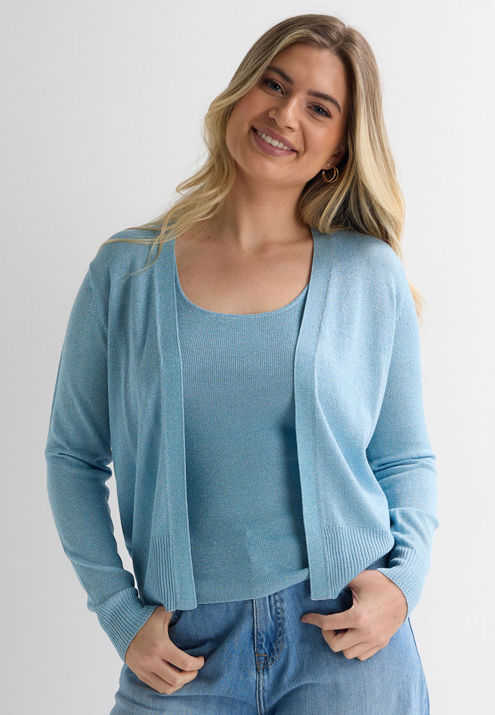 Womens Blue Lurex Knit Cardigan