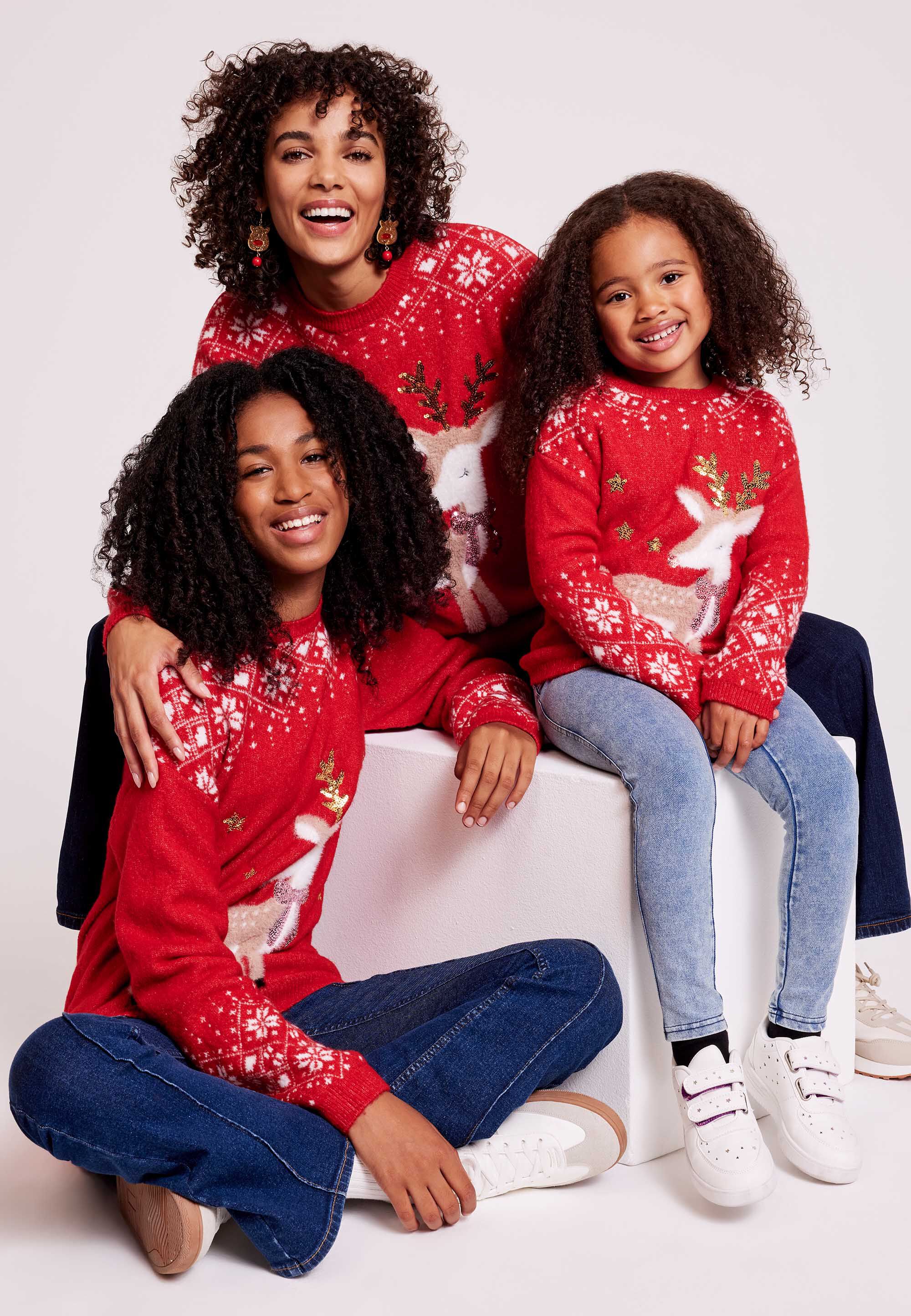 Younger Girls Red Reindeer Christmas Family Jumper