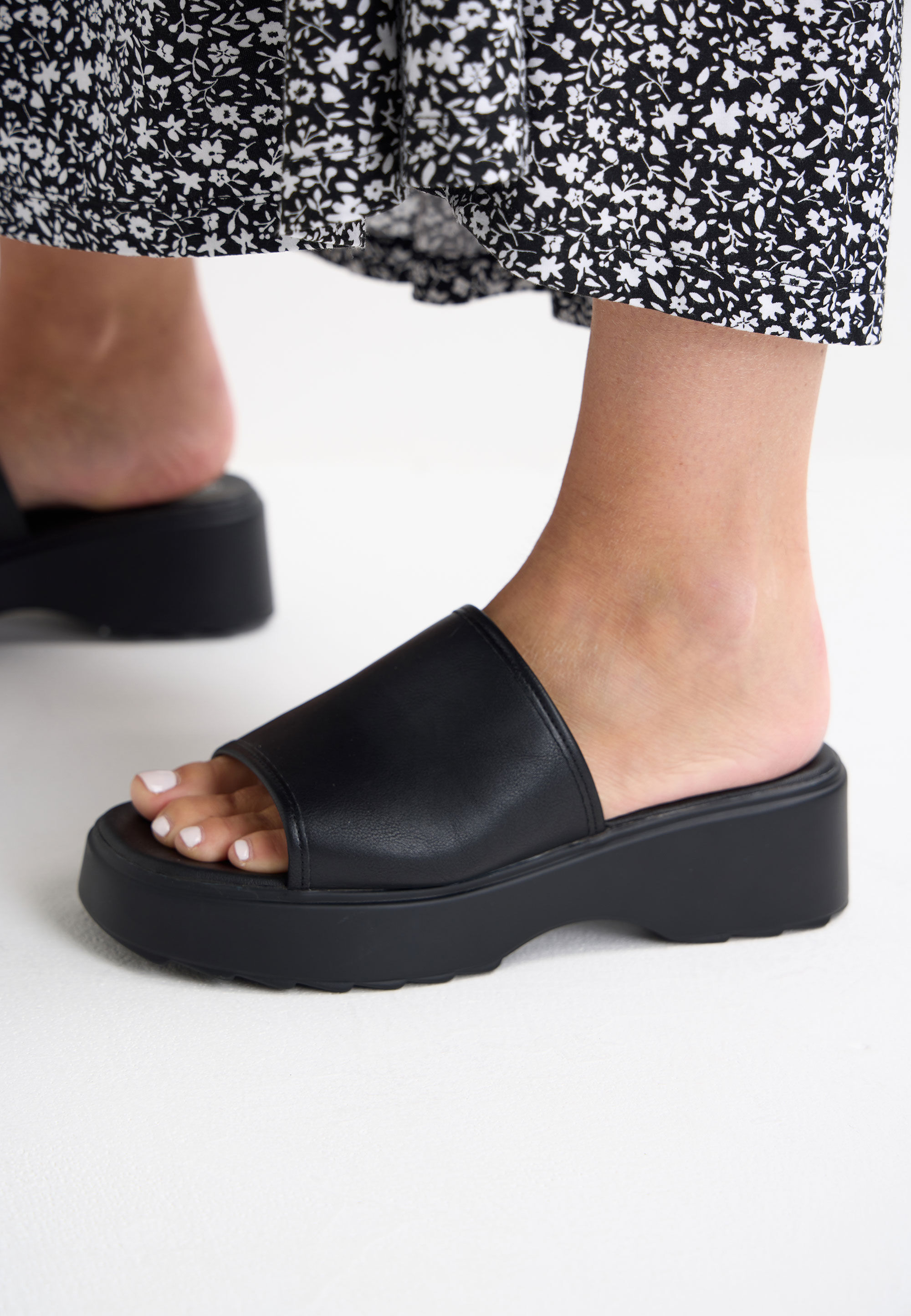 Womens Black Wedge Mule Sandals