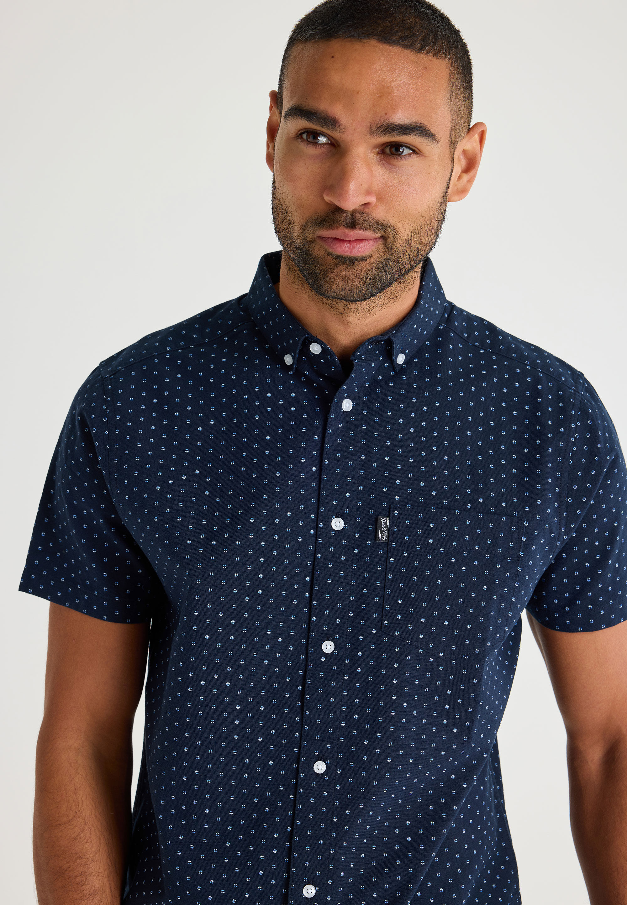 Mens Navy Printed Short Sleeve Oxford Shirt