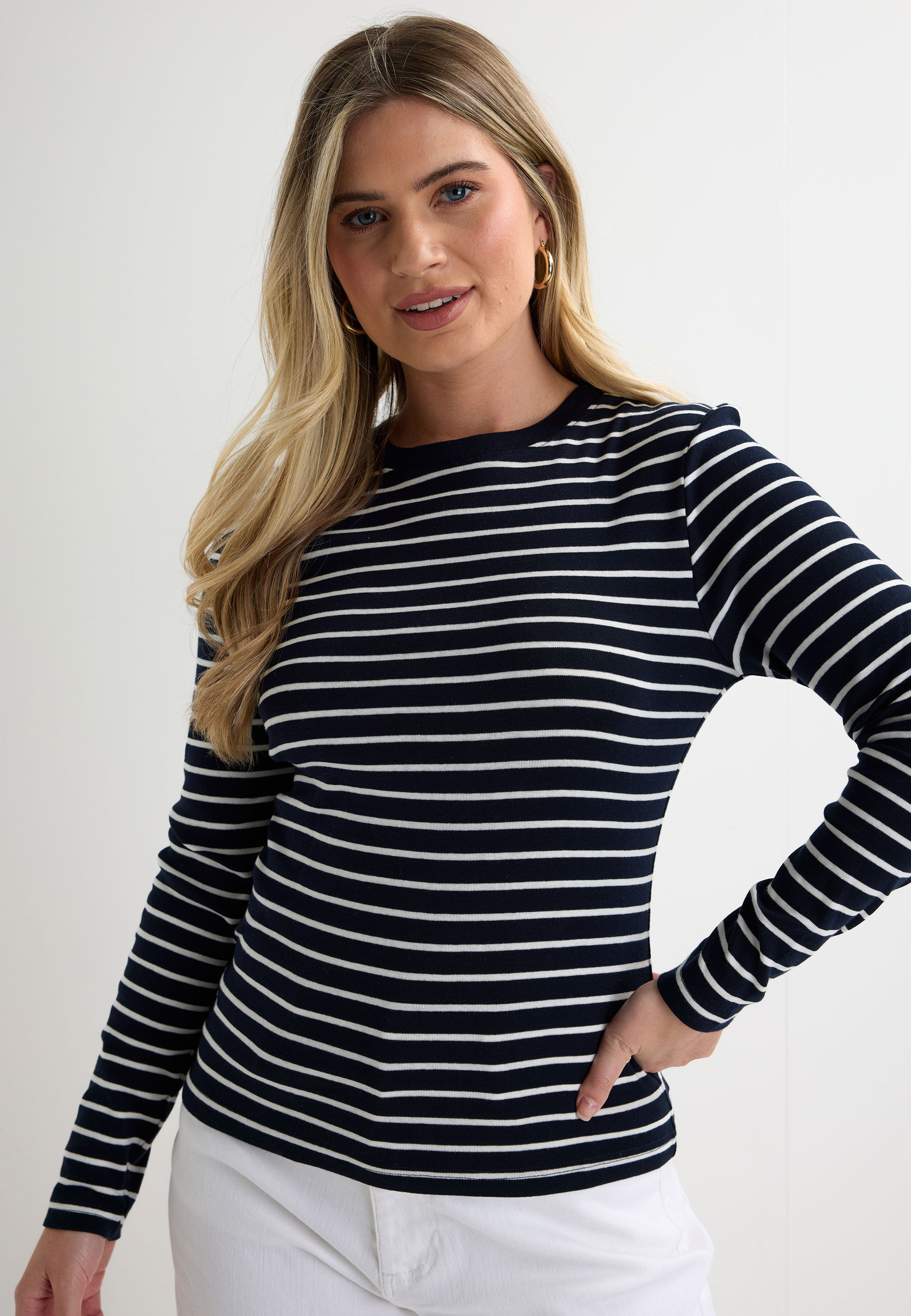 Womens Navy & Cream Stripe Long Sleeve Top
