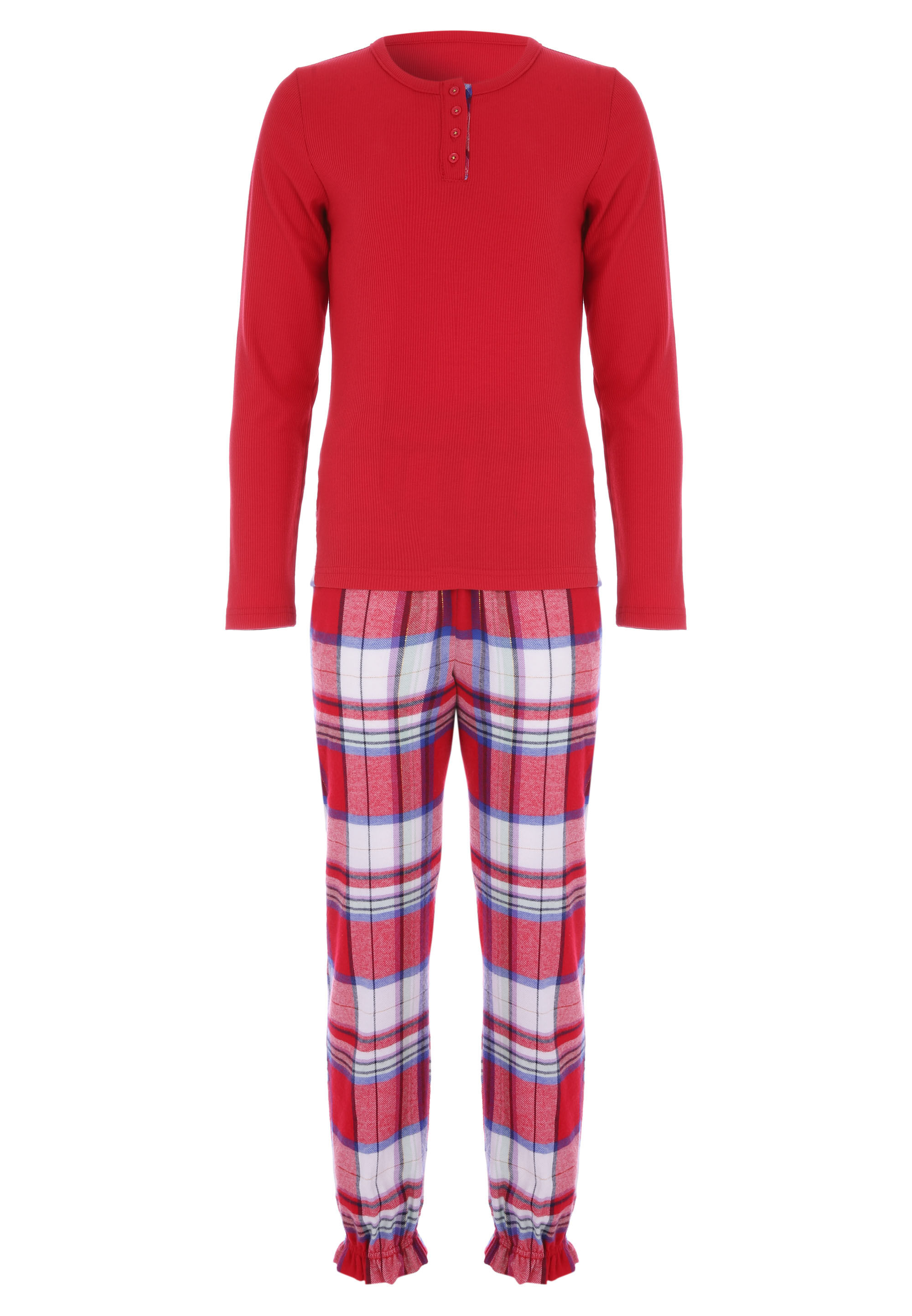 Older Girls Red Check Henley Top Pyjama Set