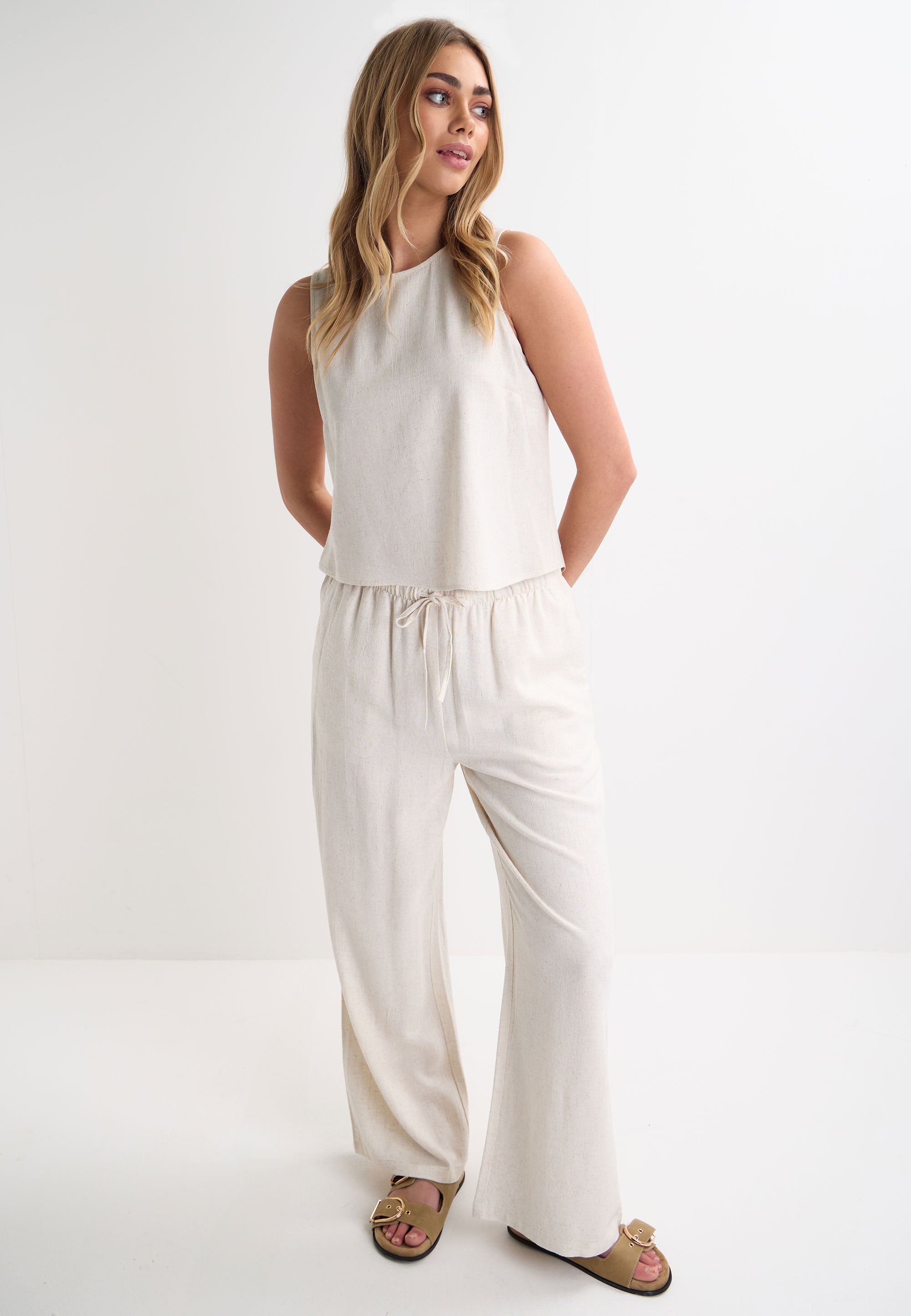 Womens Natural Plain Linen Vest Top