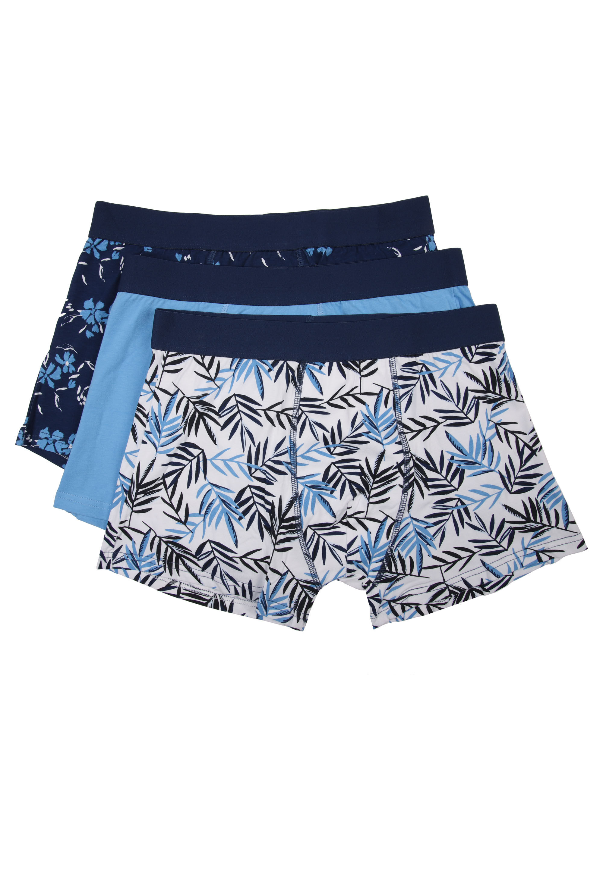 Mens 3pk Blue Leaf Print Hipster Stretch Trunks