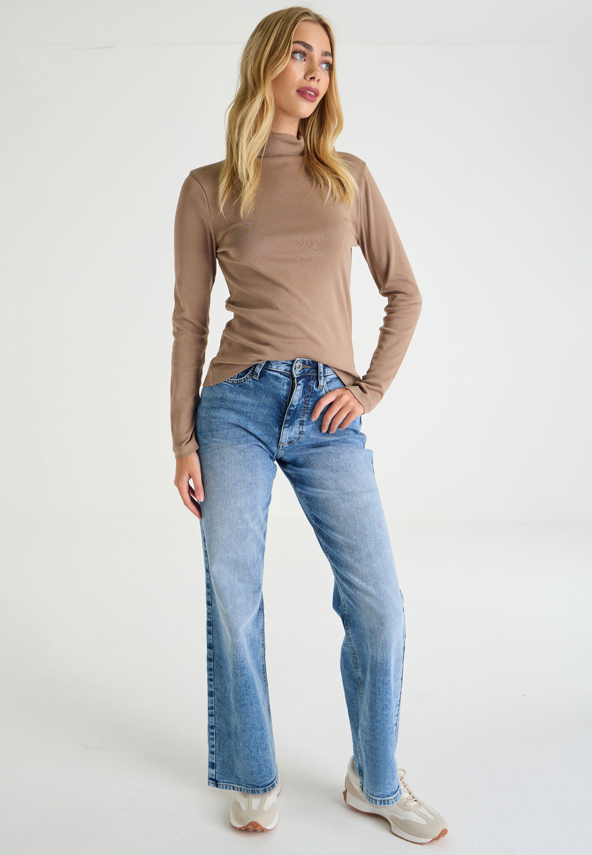 Womens Beige Plain Long Sleeve Roll Neck Top