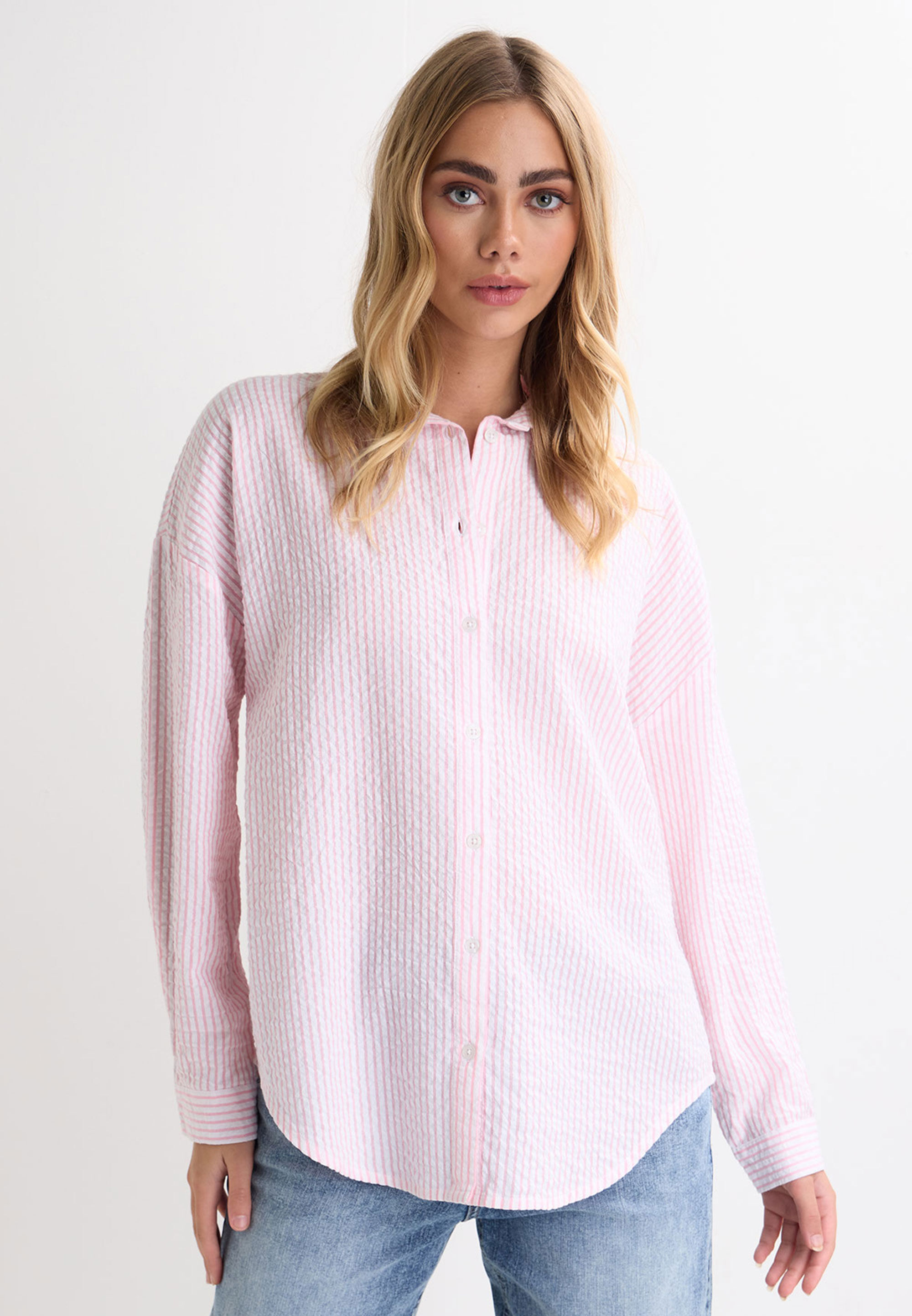Womens Pink Seersucker Stripe Long Sleeve Shirt