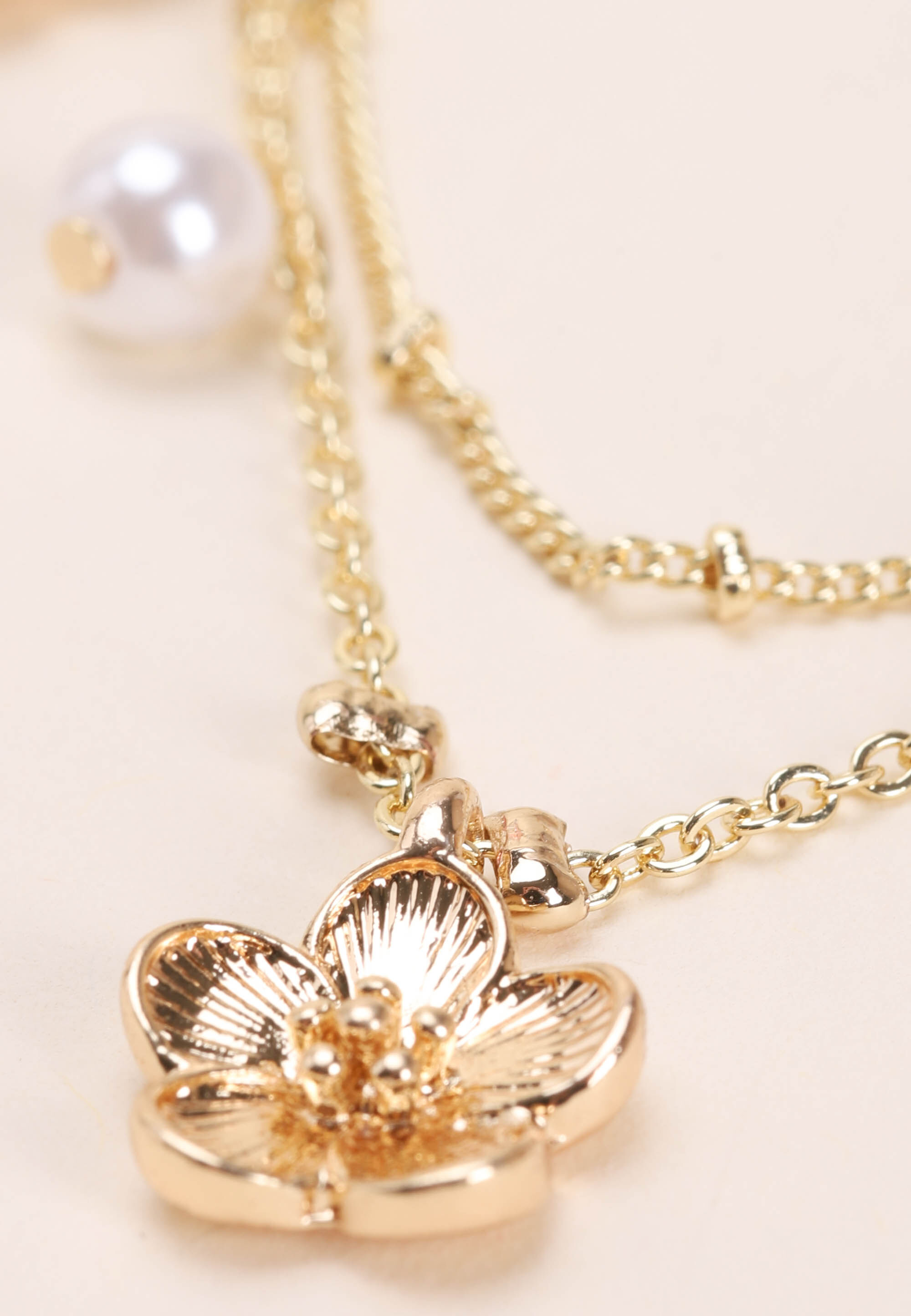 Womens Gold 2 Row Pearl and Flower Drop Necklace