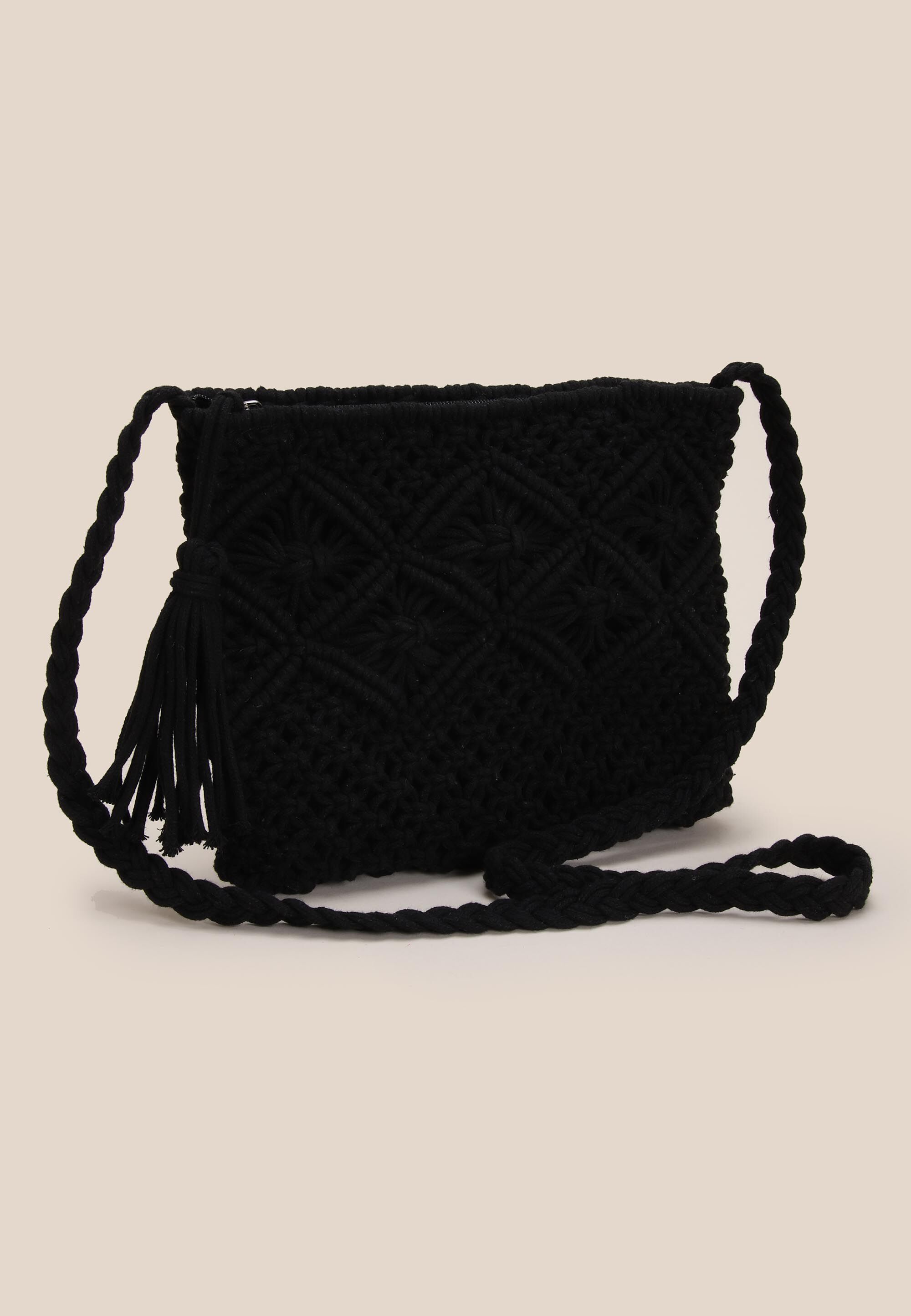 Womens Black Cotton Crochet Cross Body Bag