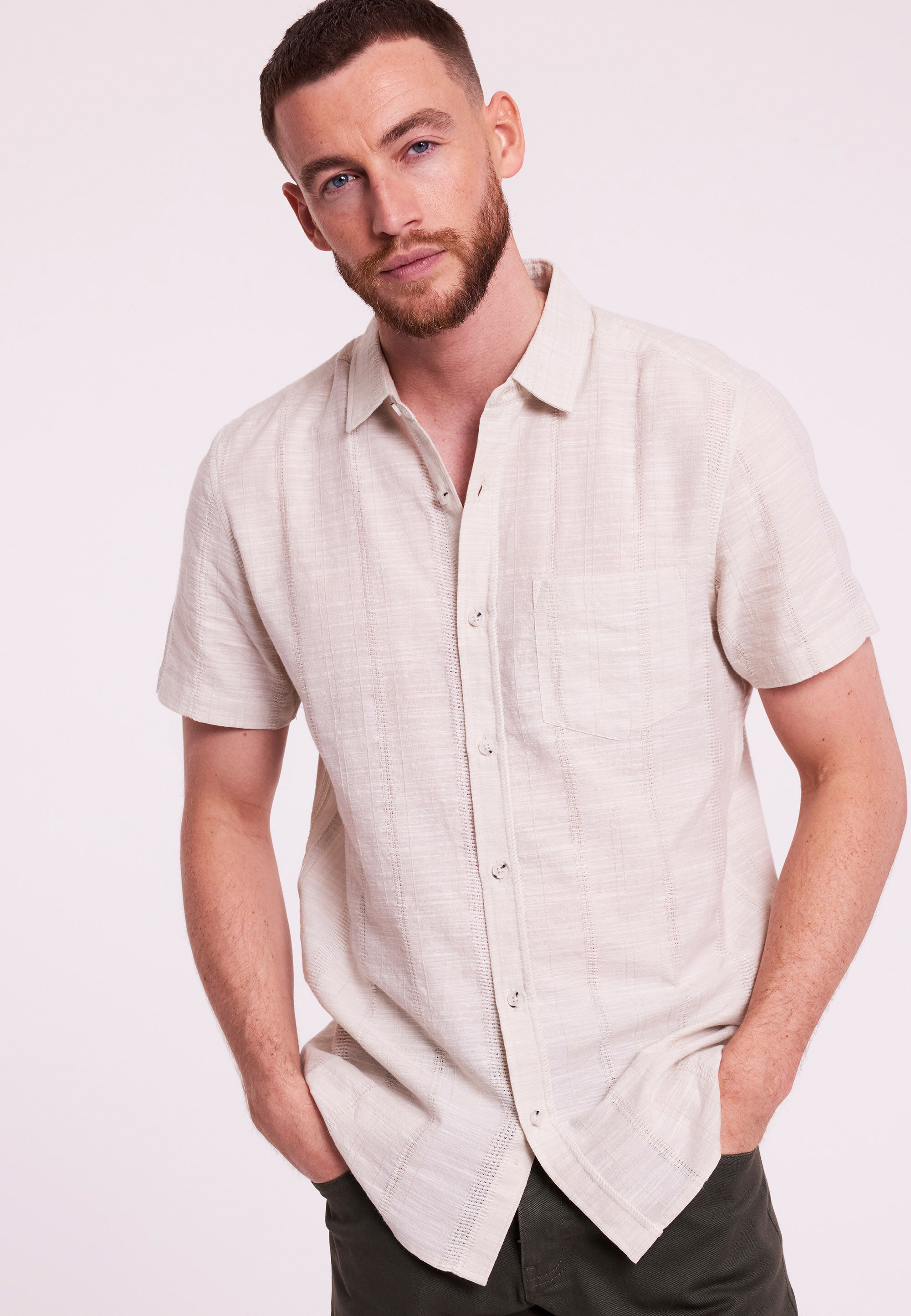 Mens Stone Linen Look Textured Short Sleeve Shirt