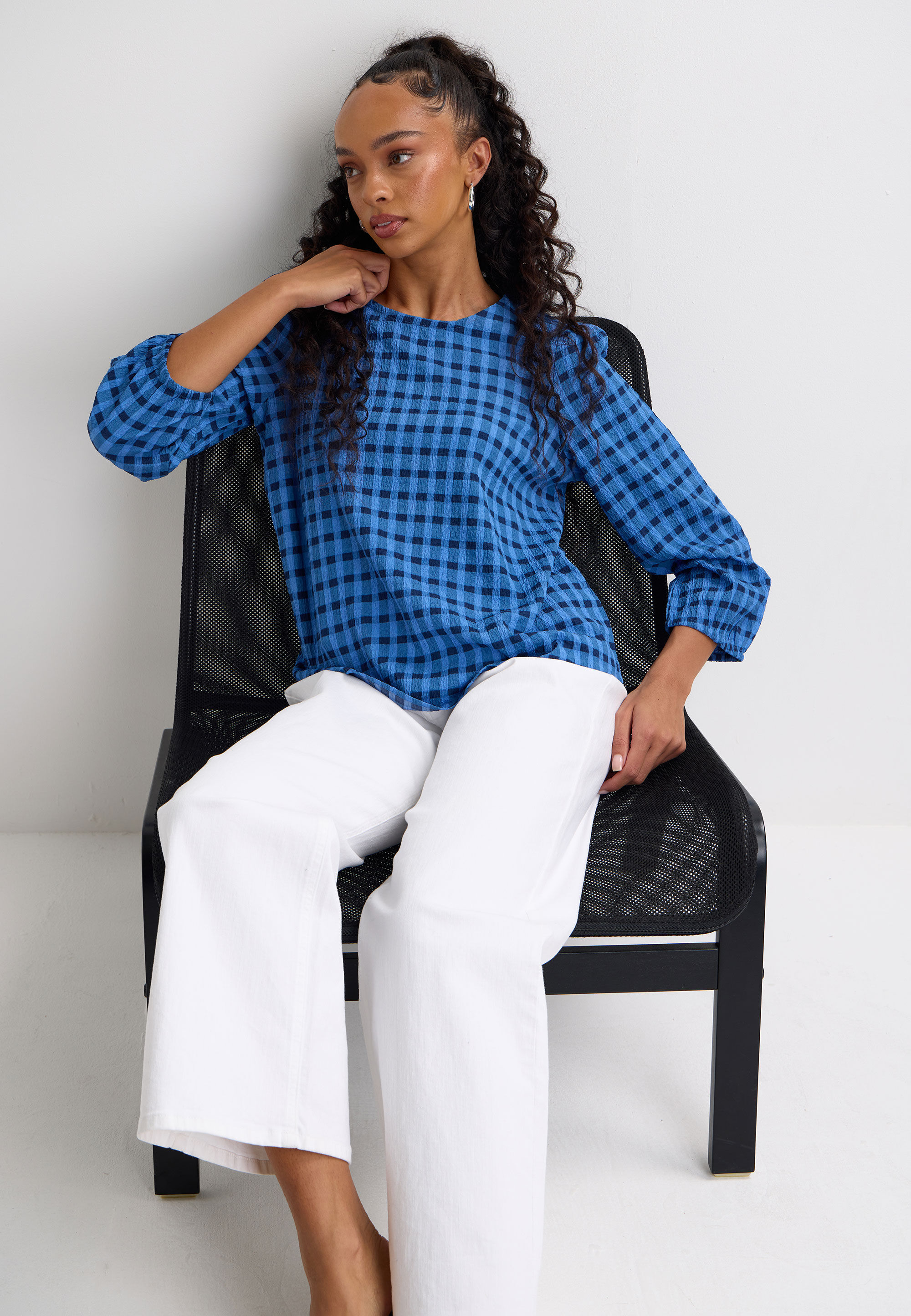 Womens Blue Gingham Checked Long Sleeve Top