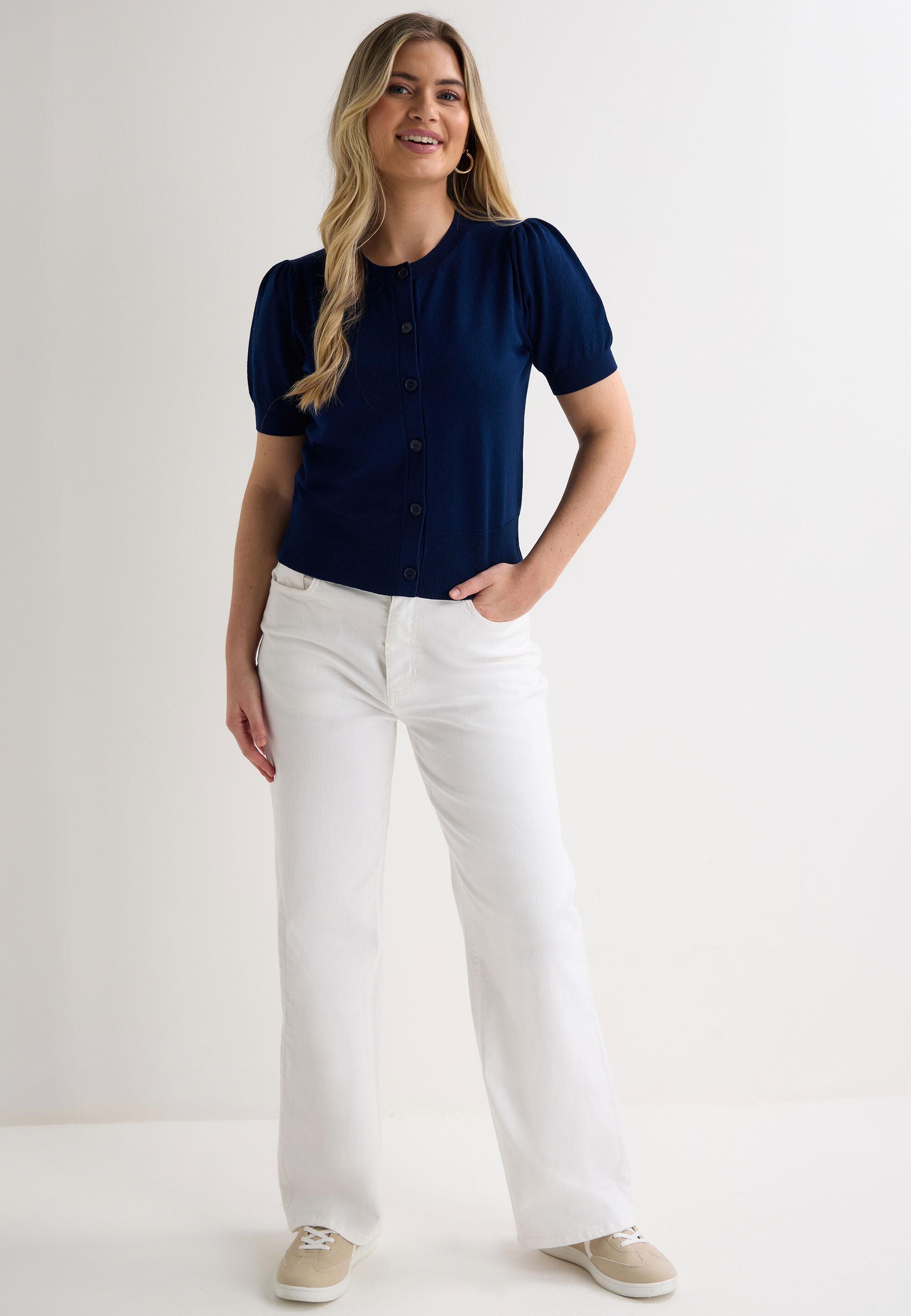Womens Navy Short Puff Sleeve Cardigan