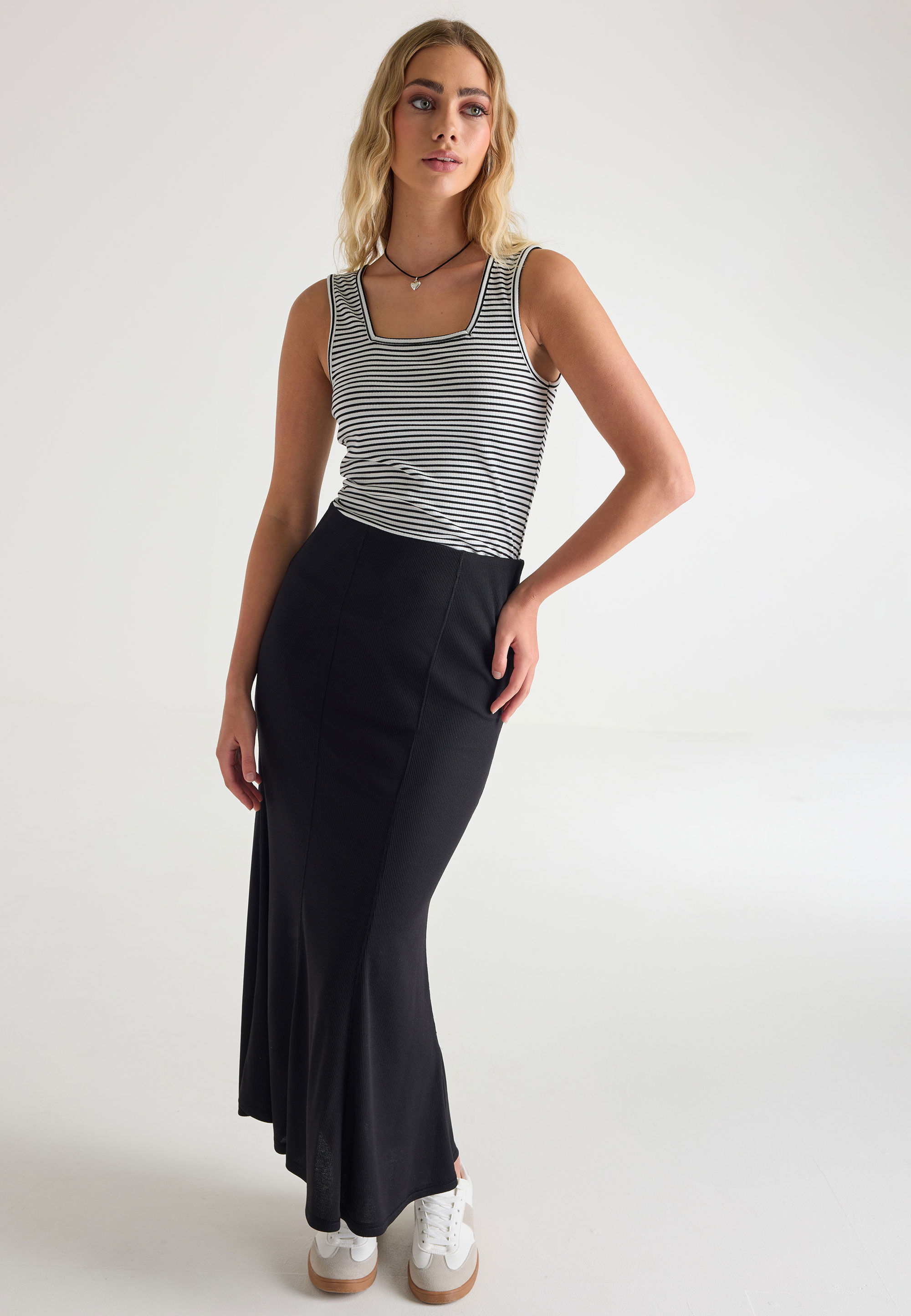 Womens Black Rib Fishtail Midi Skirt
