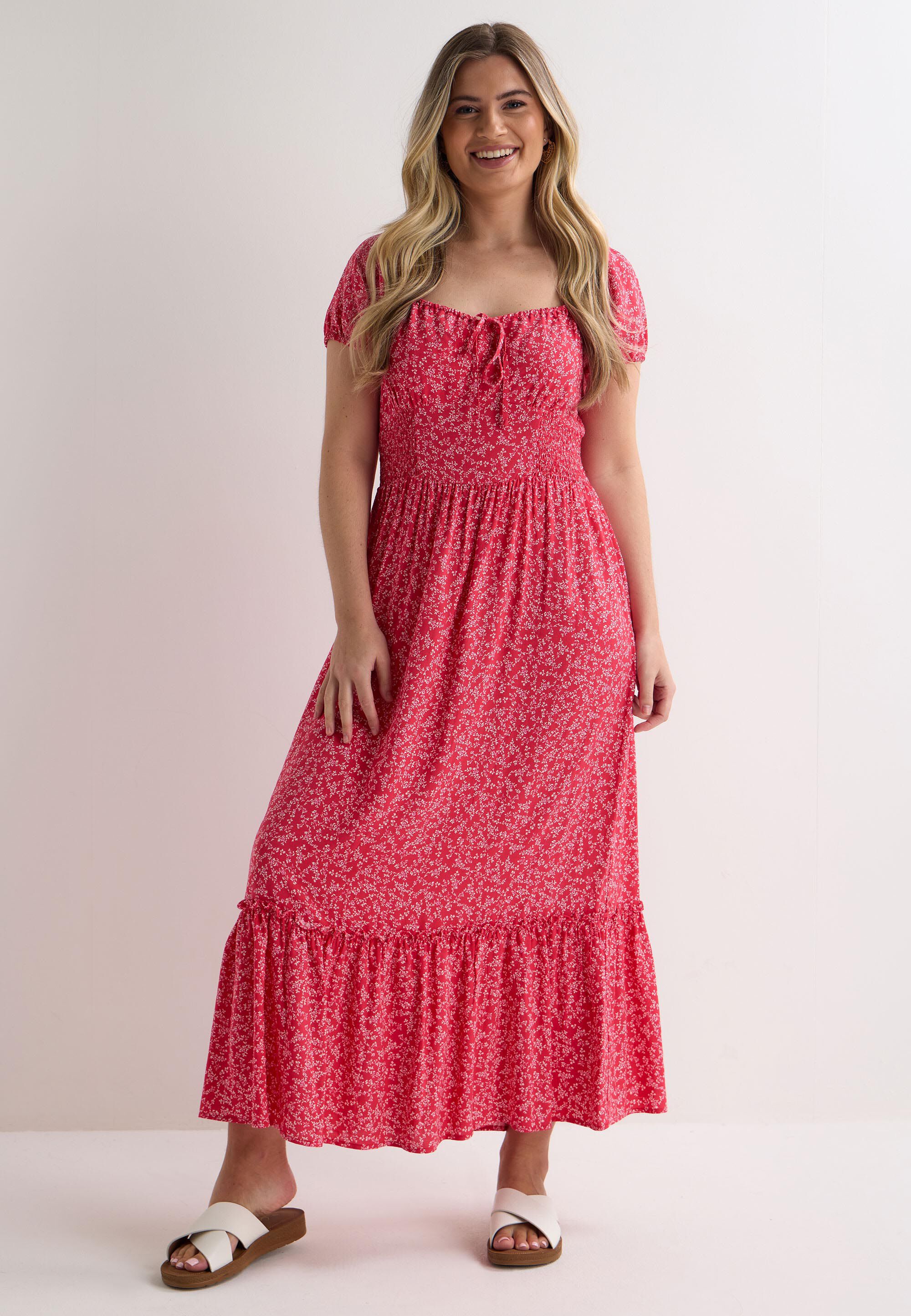 Womens Hot Pink Ditsy Milkmaid Midi Dress