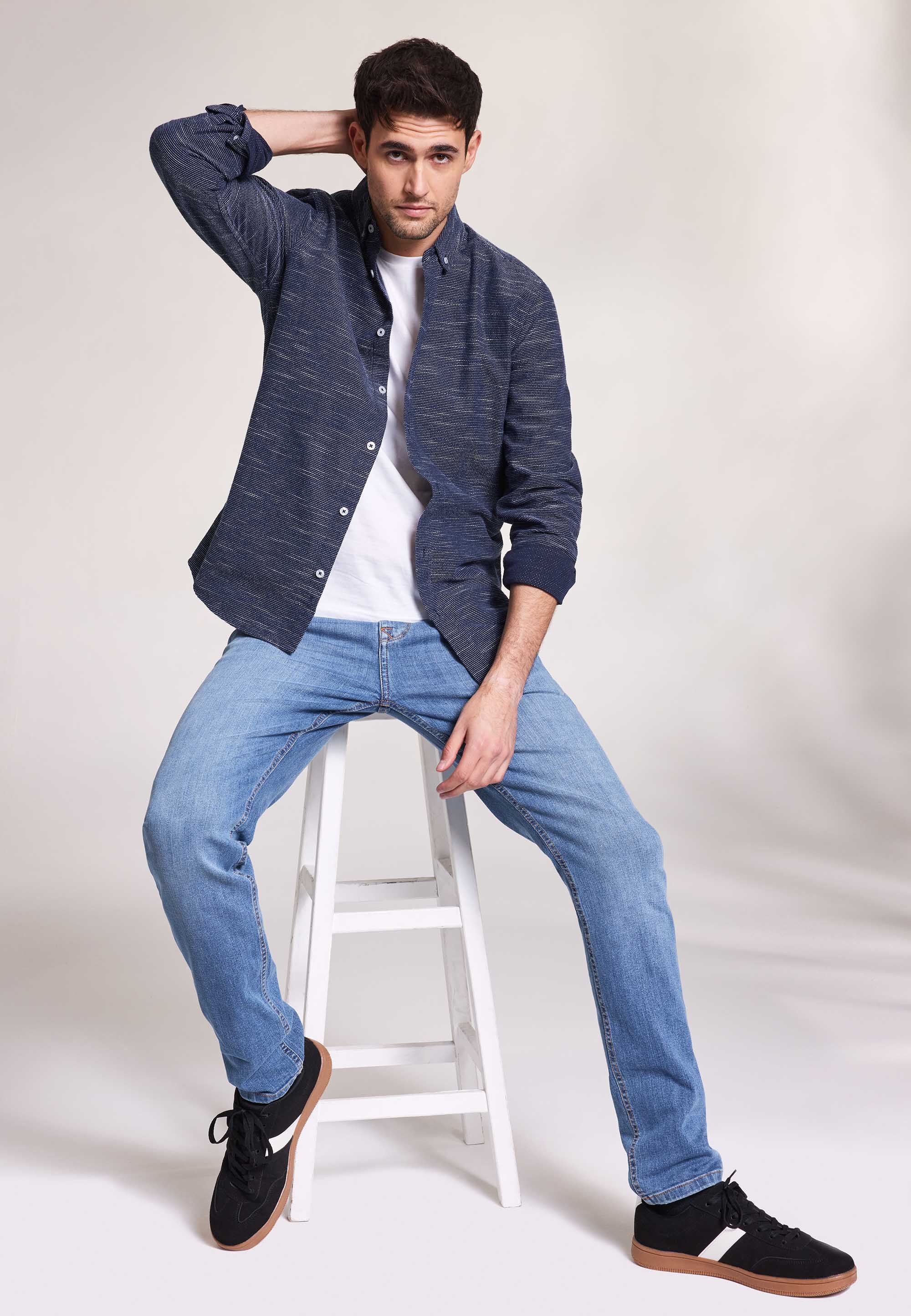 Mens Navy Textured Long Sleeve Shirt
