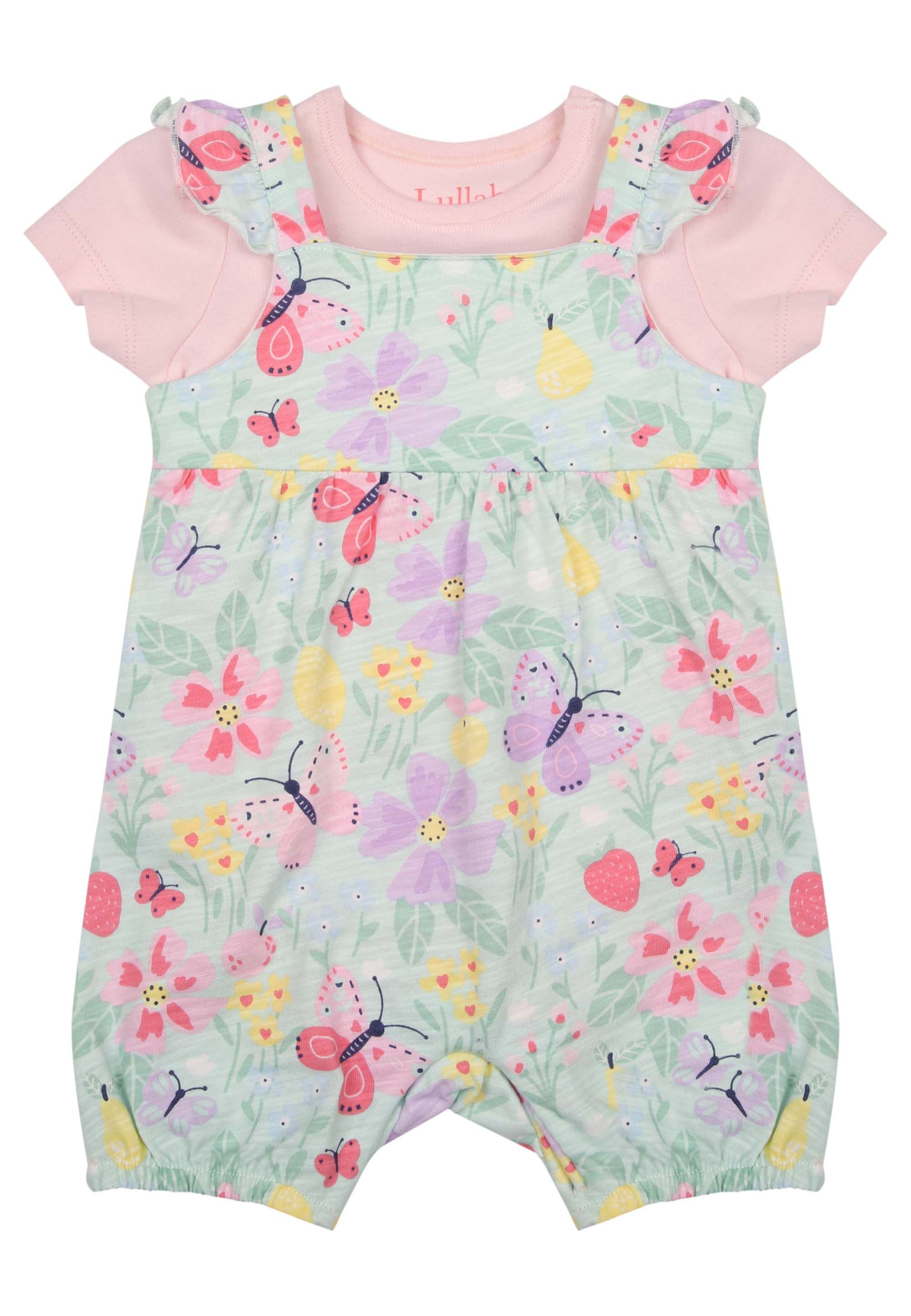 Baby Girls Mint Floral Dungaree & Pink Body Set