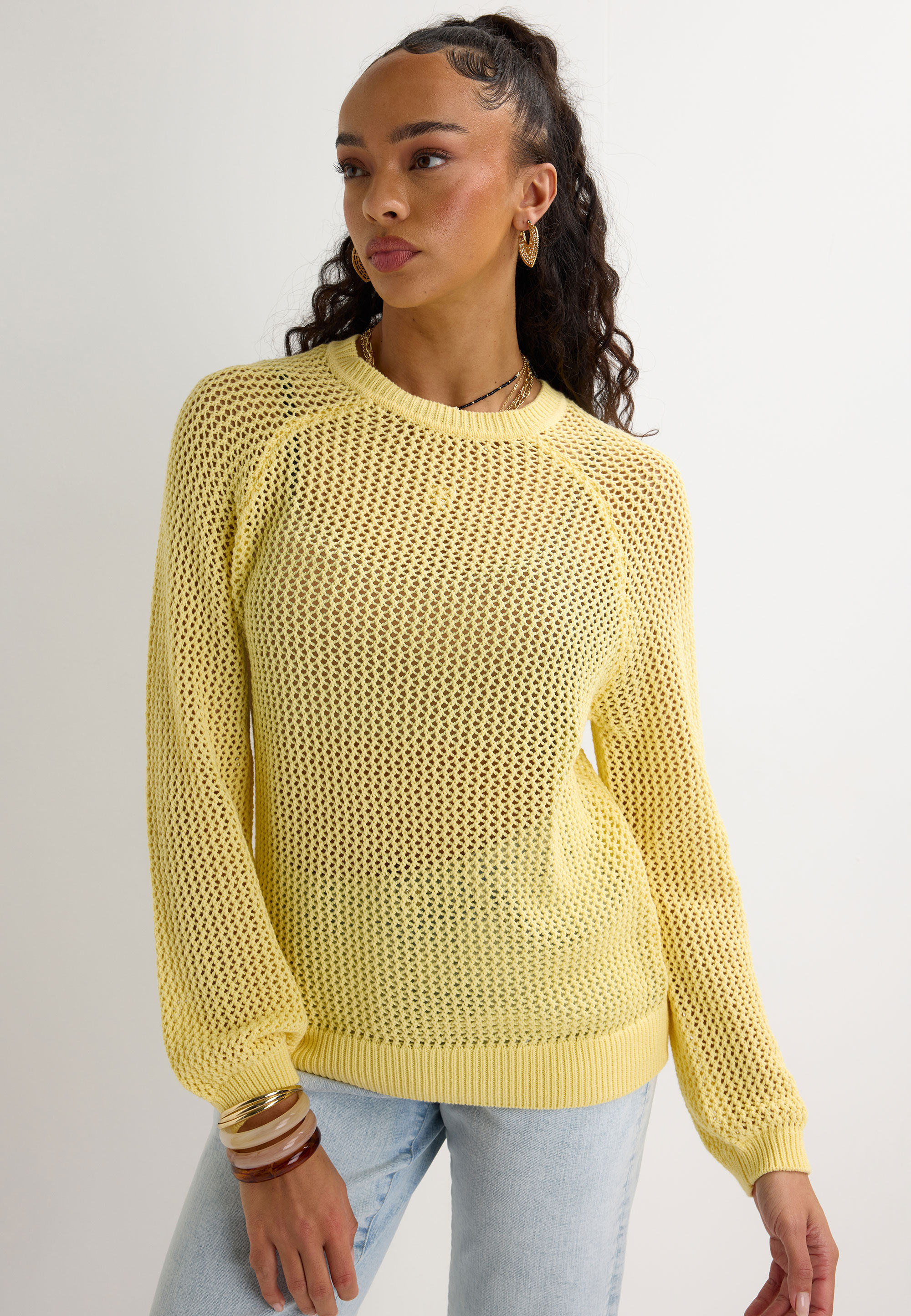 Womens Yellow Open Stitch Raglan Jumper