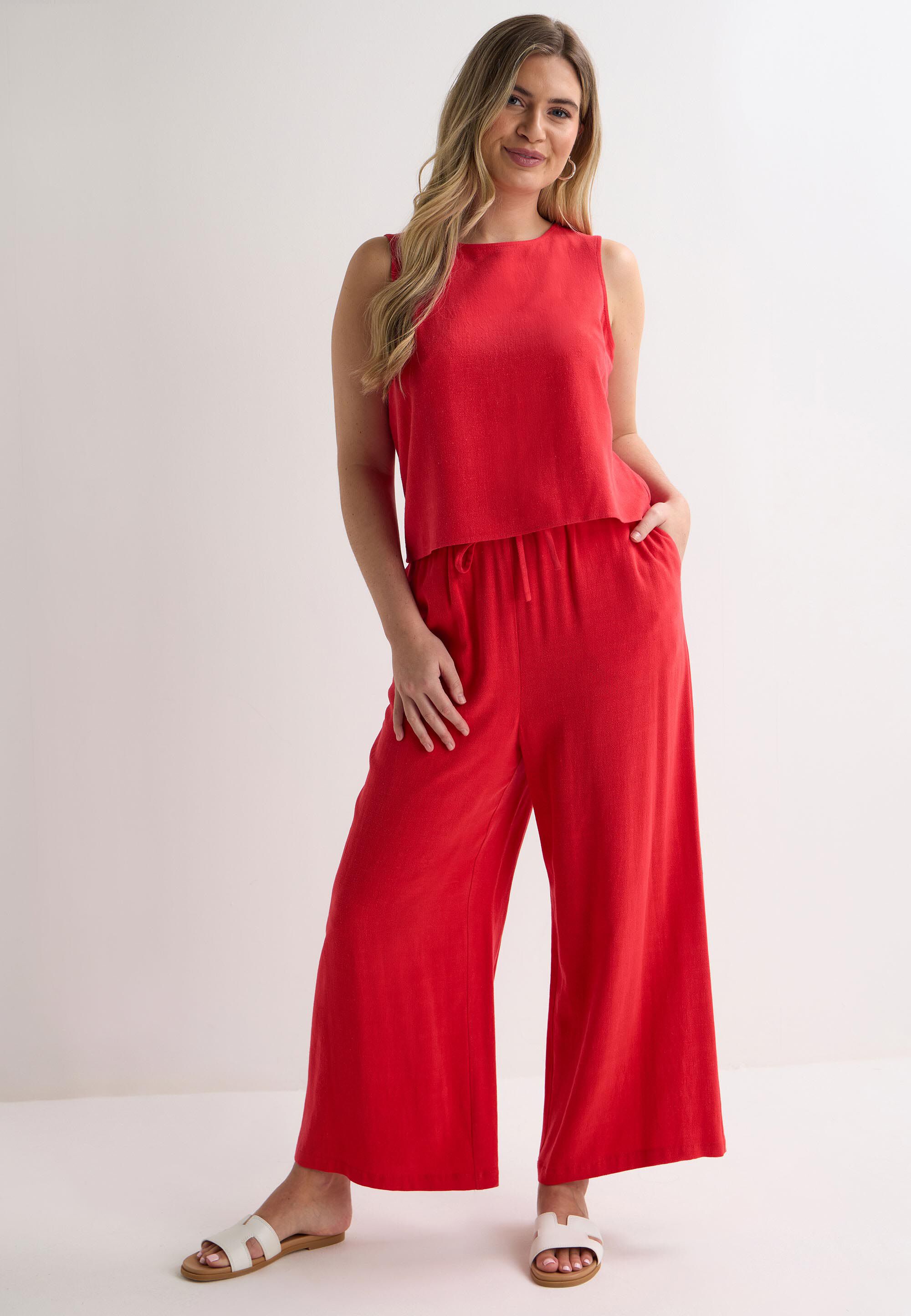 Womens Red Plain Linen Vest Top