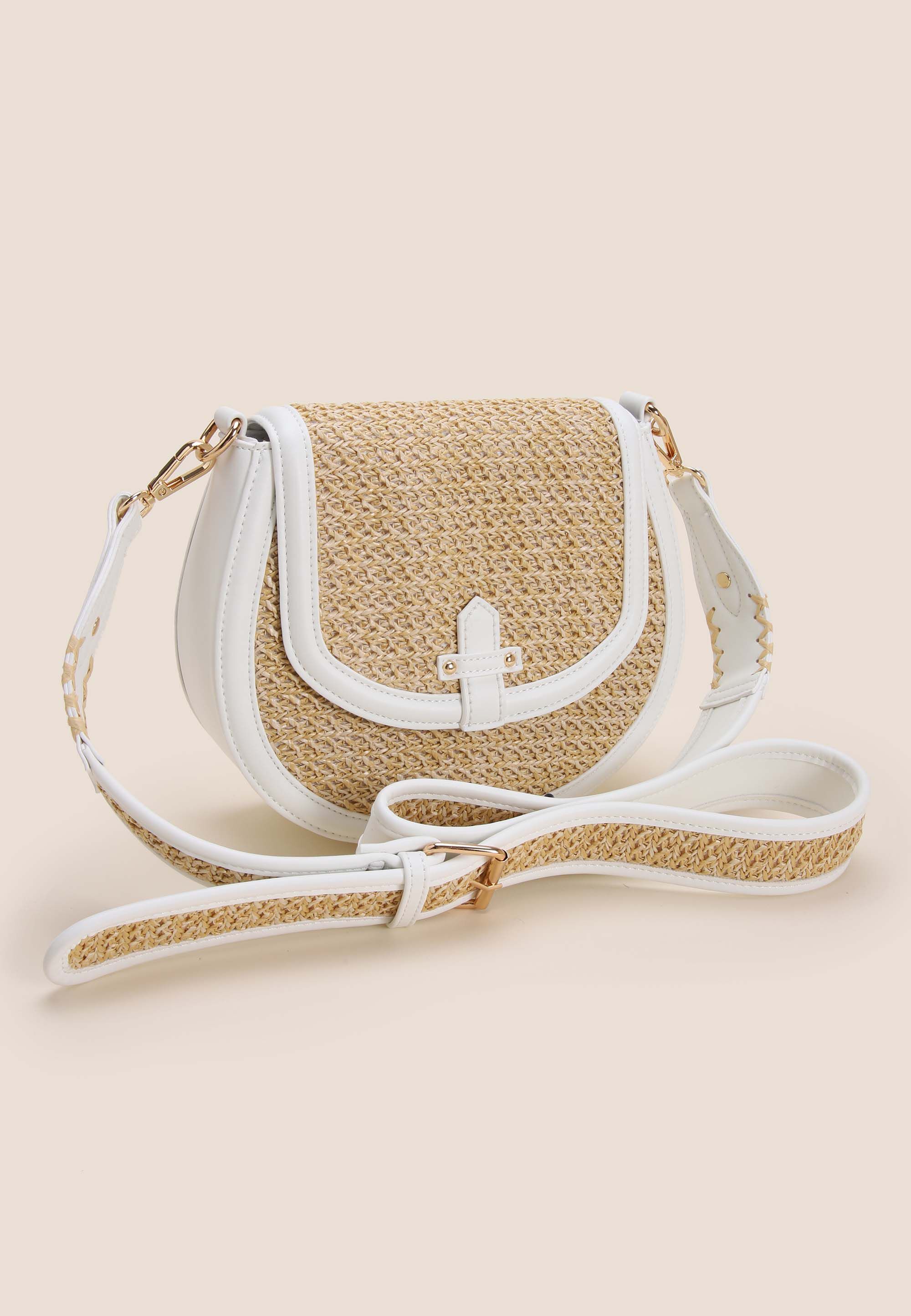 Womens White & Straw Saddle Shoulder Bag