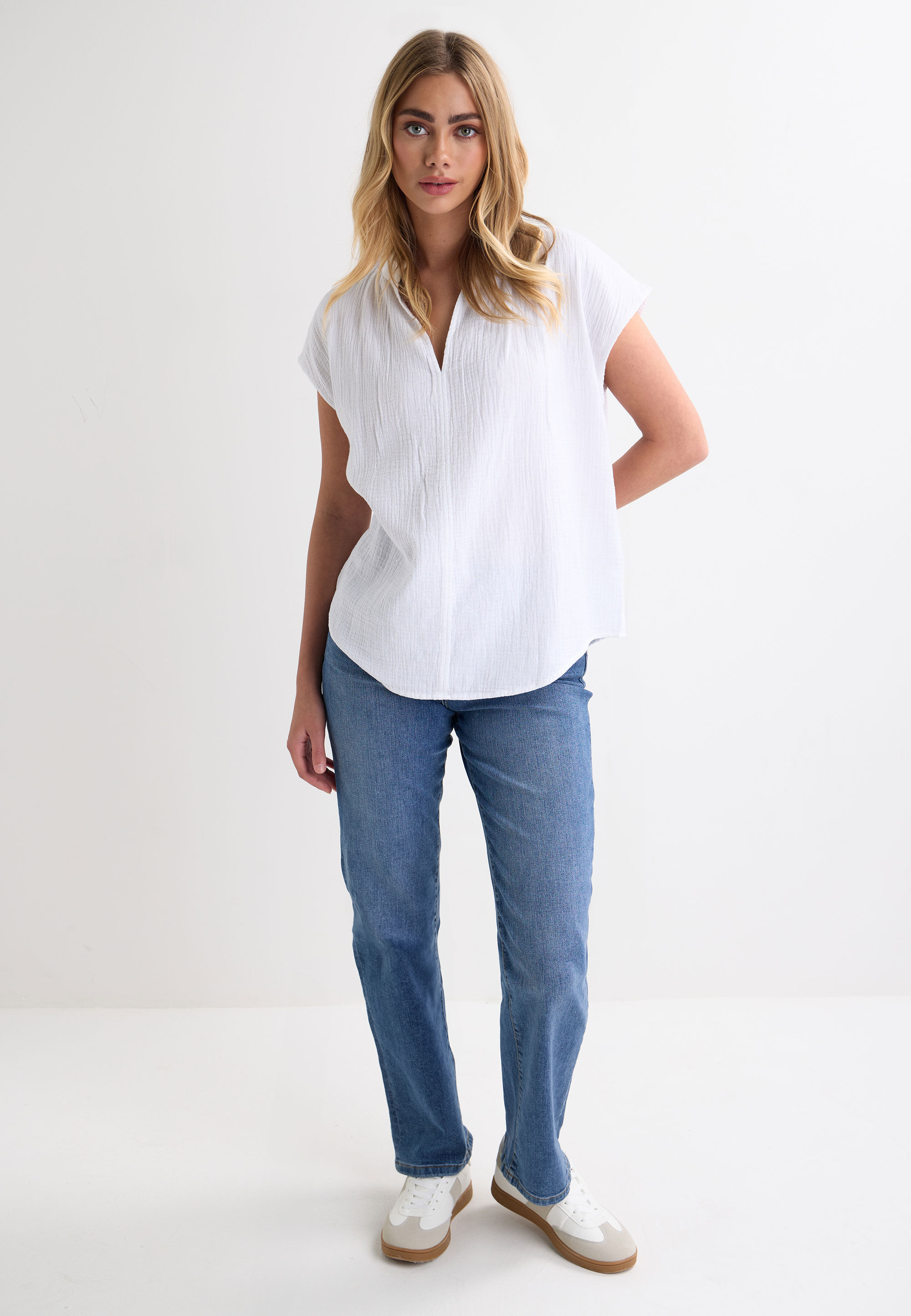 Womens White Plain Double Cotton Blouse