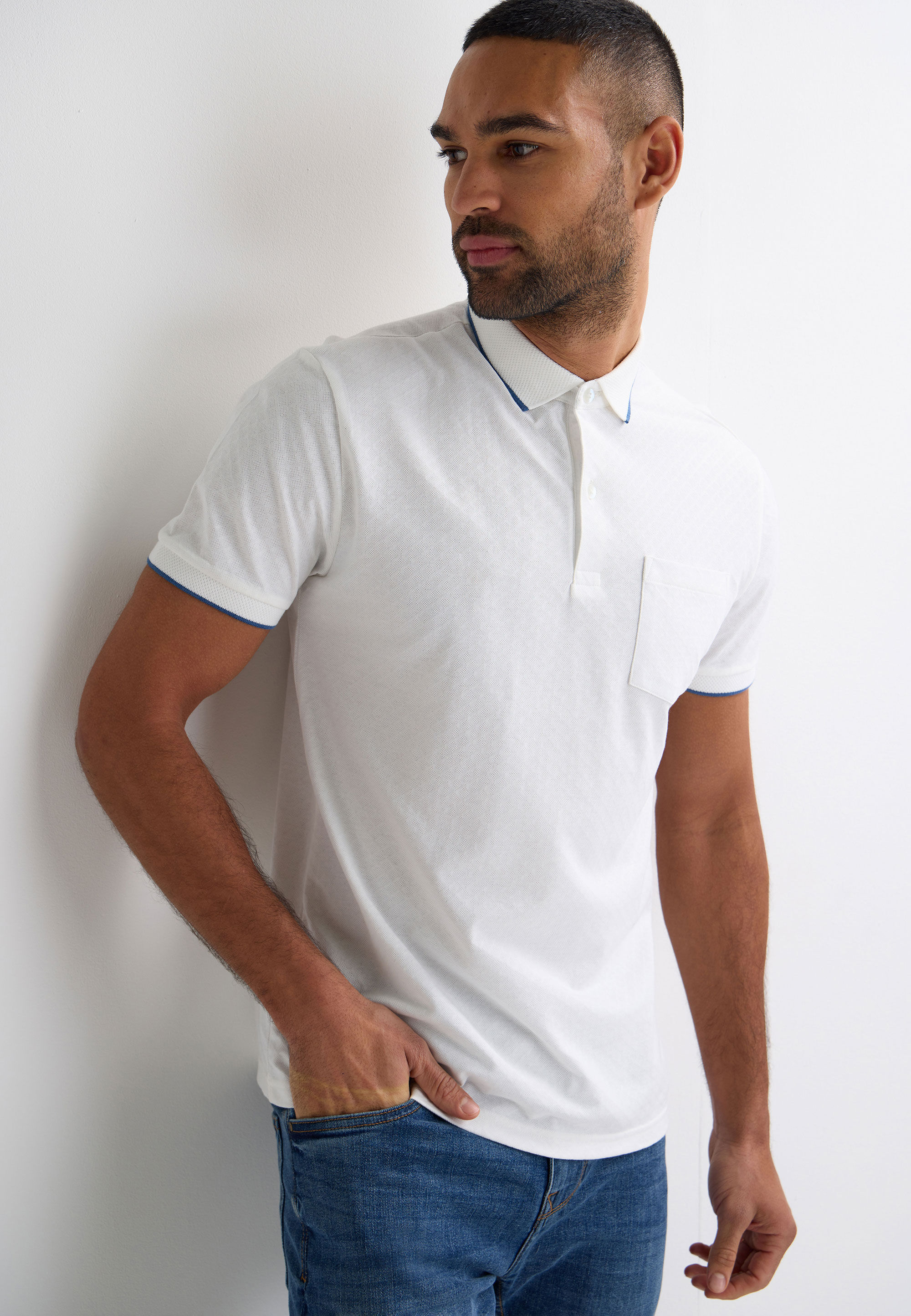 Mens White Jacquard Short Sleeve Polo Shirt