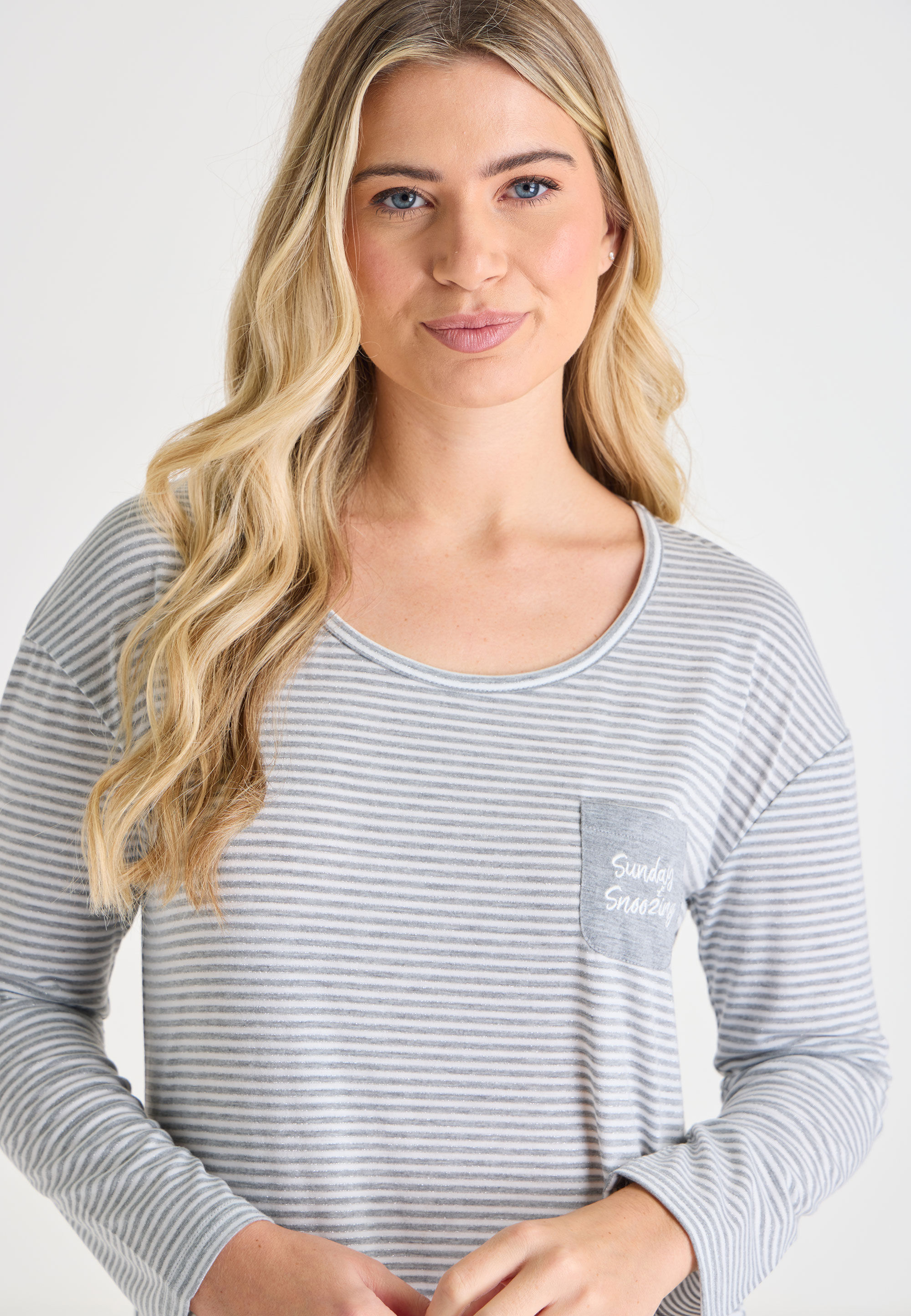 Womens Grey & White Stripe Long Sleeve Nightshirt