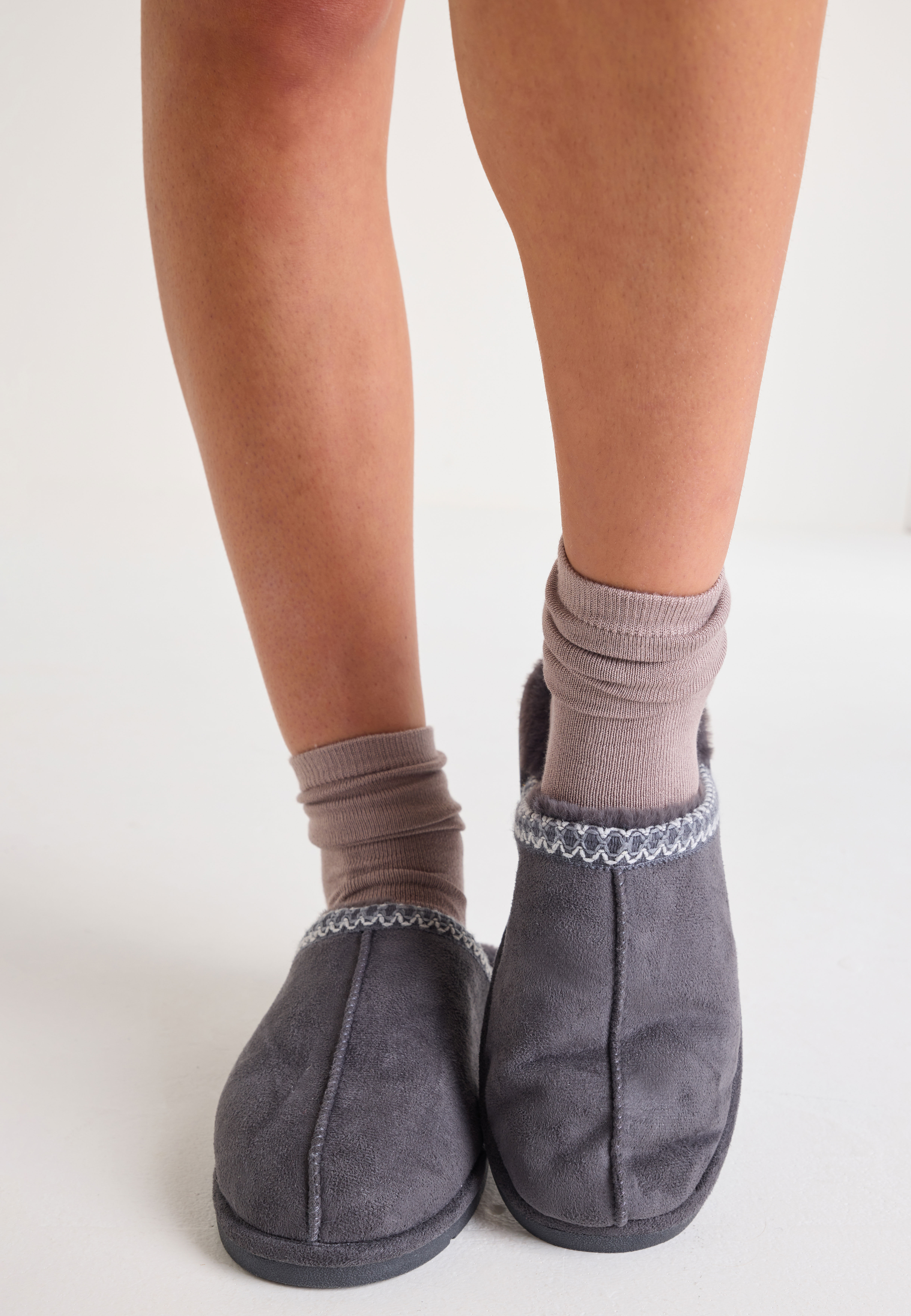 Womens Grey Embroidered Mule Slippers