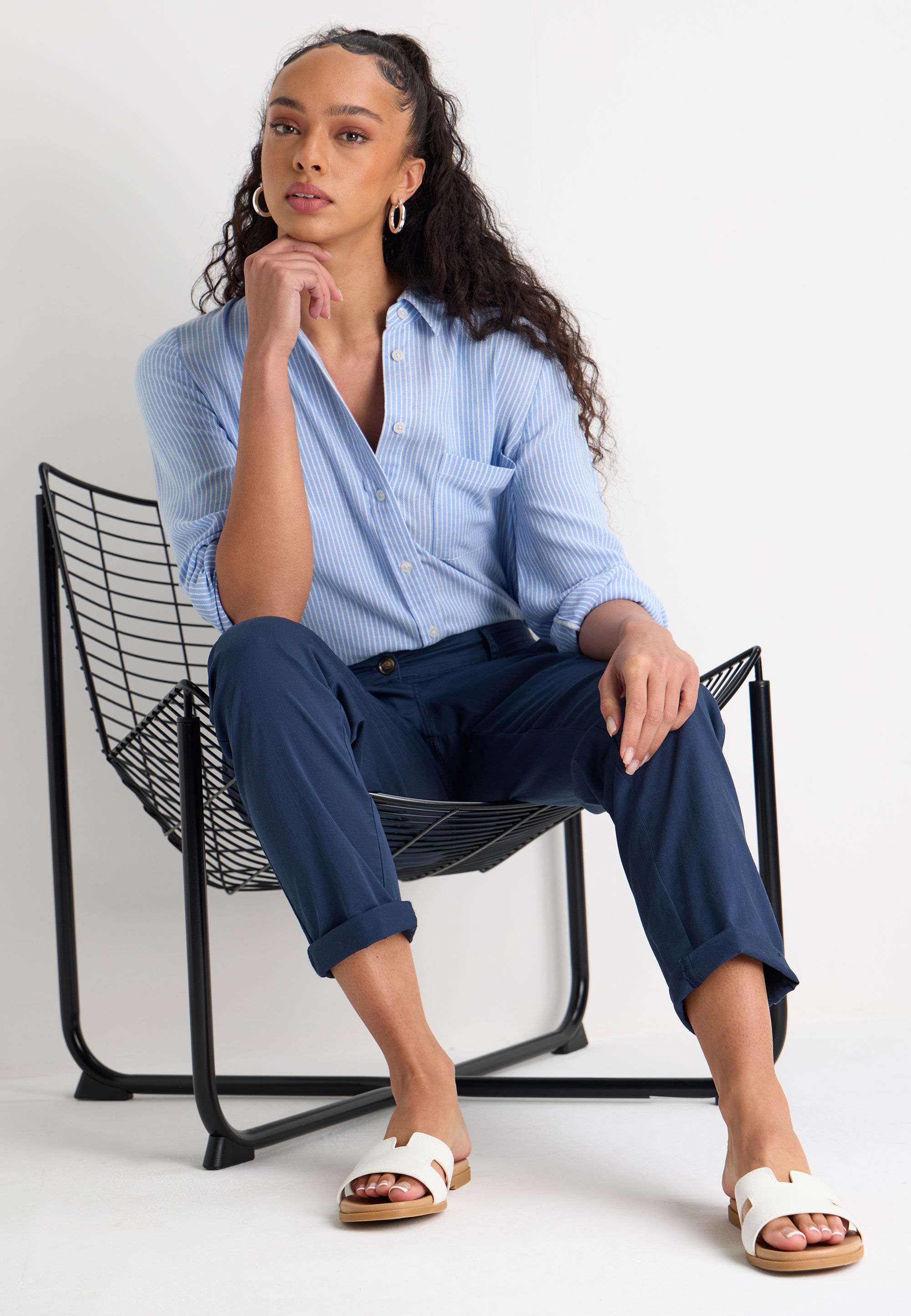 Womens Navy Plain Cropped Chino Trousers