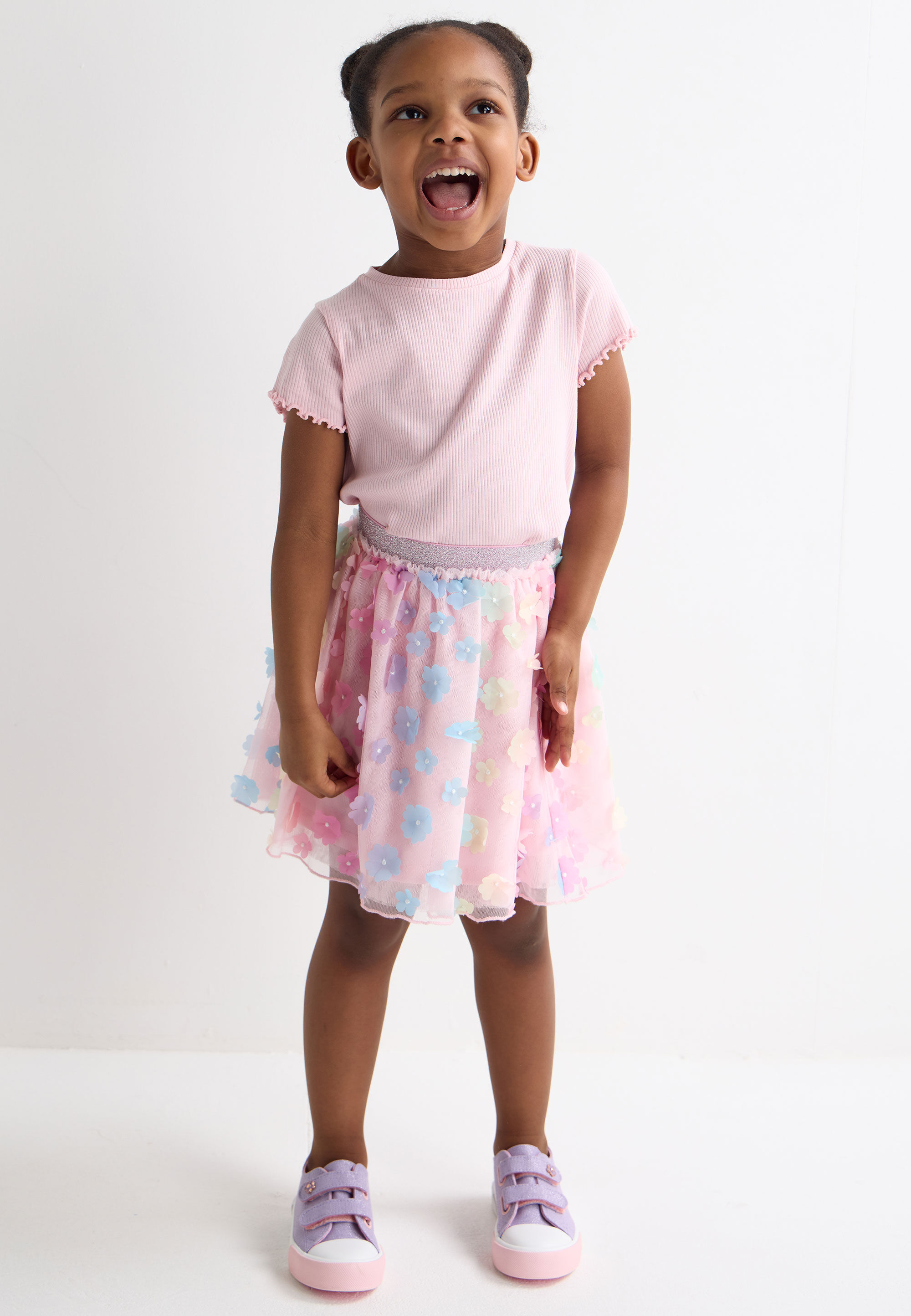 Younger Girls Pink Rainbow Floral Tutu Skirt